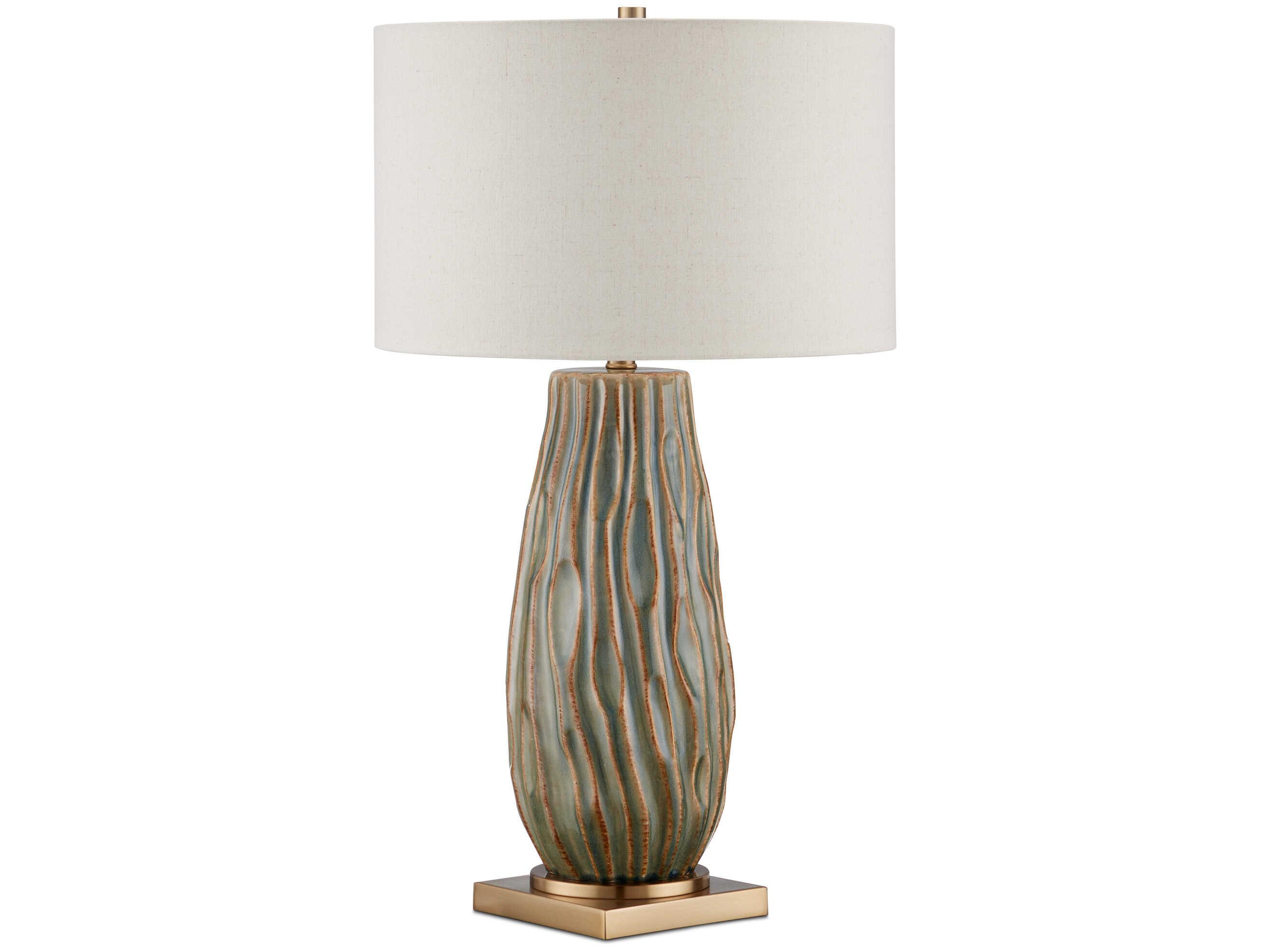 Currey & Company Water-borne Forest Reactive Antique Brass Natural Linen Green Buffet Lamp