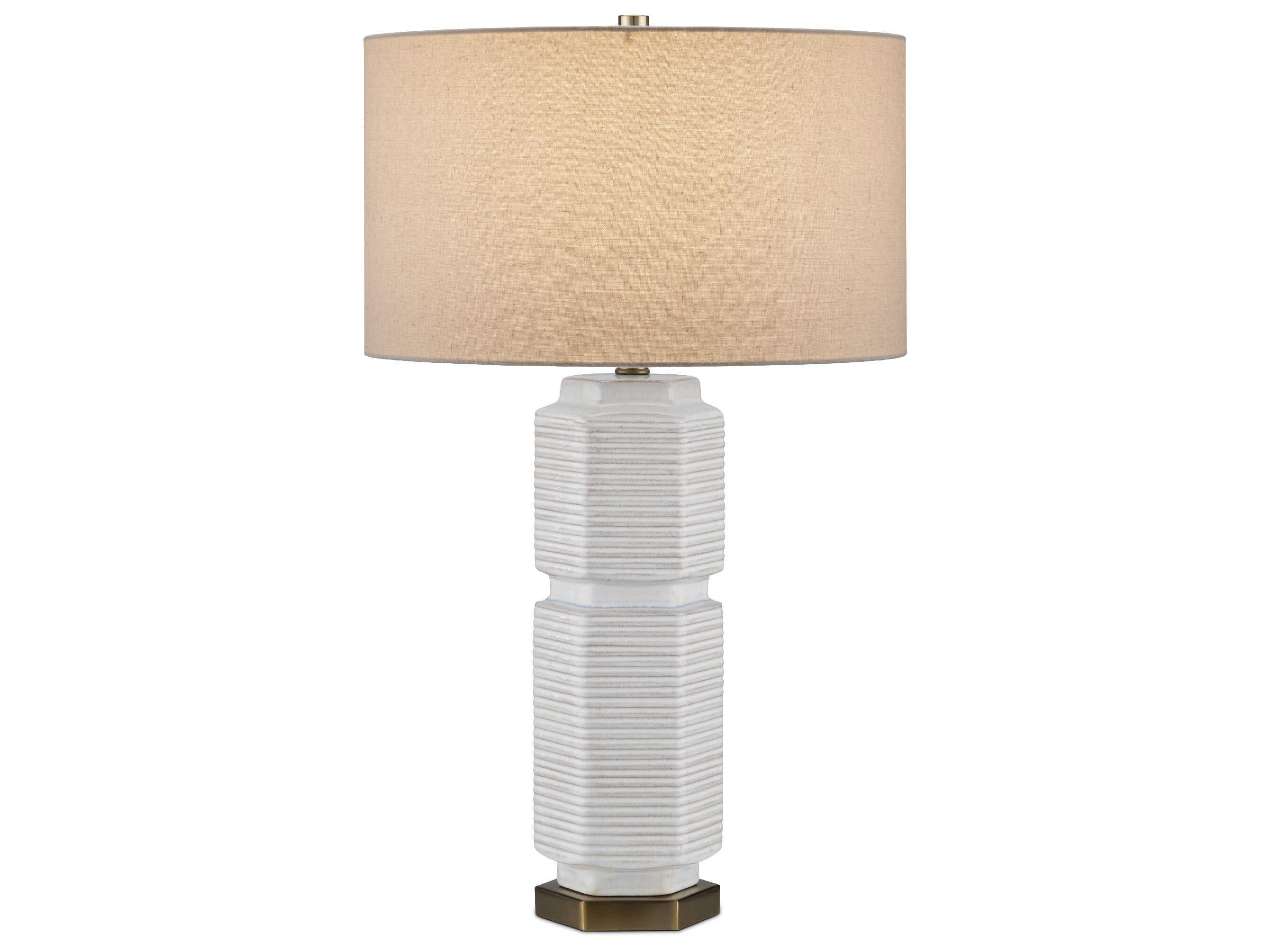 Currey & Company Glebe White Beige Blue Antique Brass Natural Linen Buffet Lamp