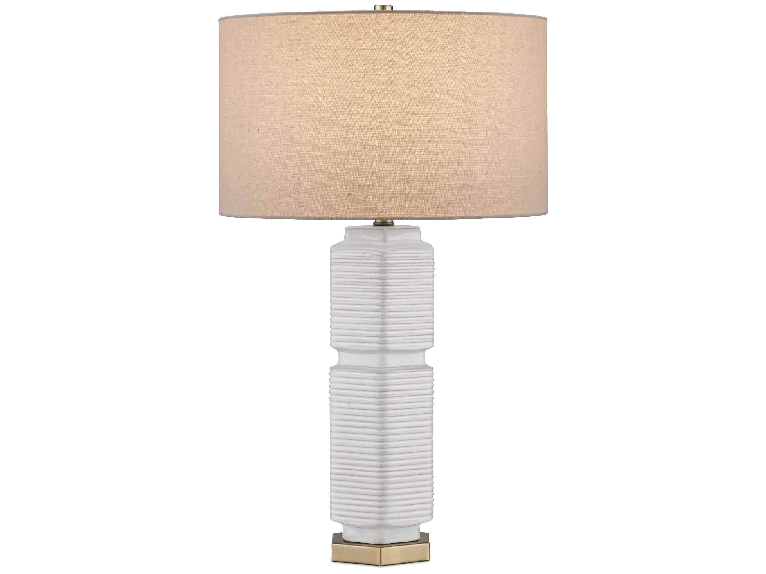 Currey & Company Glebe White Beige Blue Antique Brass Natural Linen Buffet Lamp