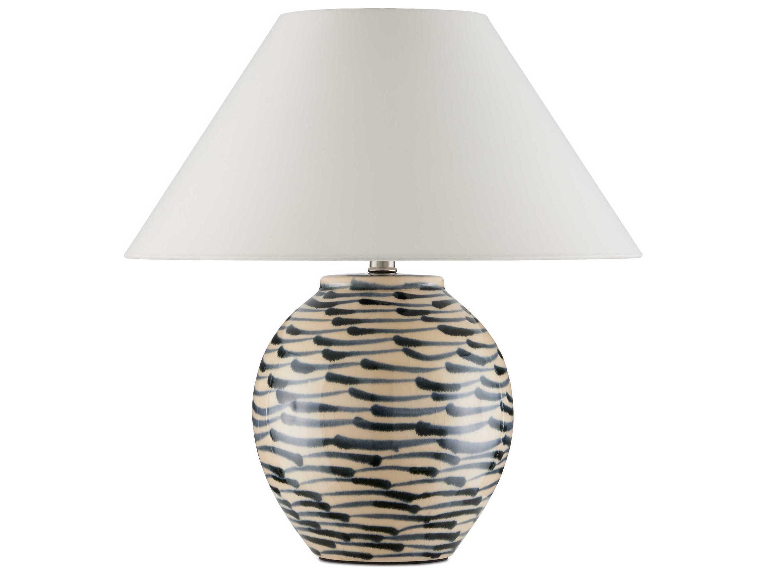 Currey & Company Minnows Navy Blue Beige Egg Shell Cotton Linen Table Lamp