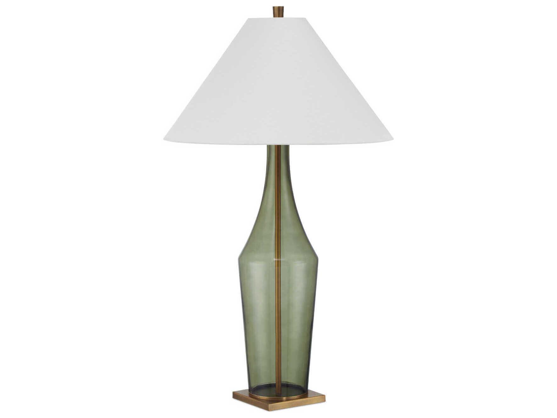 Currey & Company Olive Green Antique Brass Beige Polyester Hardback Rolled Edge Buffet Lamp