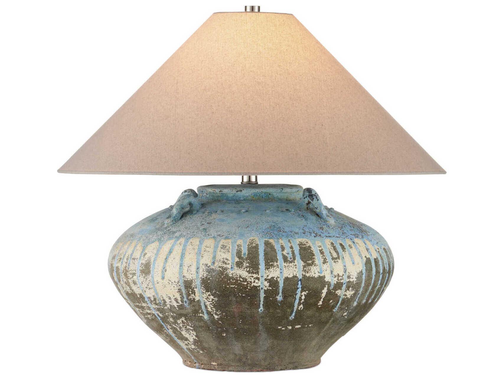 Currey & Company Catania Antique Blue Drip Natural Linen Table Lamp