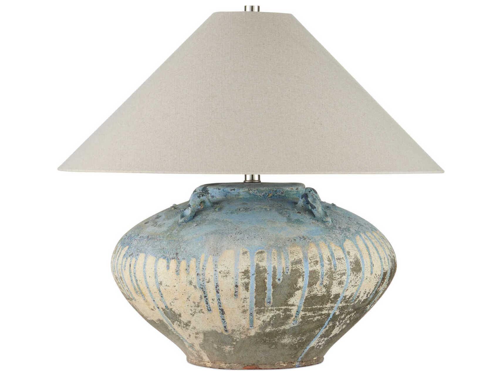 Currey & Company Catania Antique Blue Drip Natural Linen Table Lamp