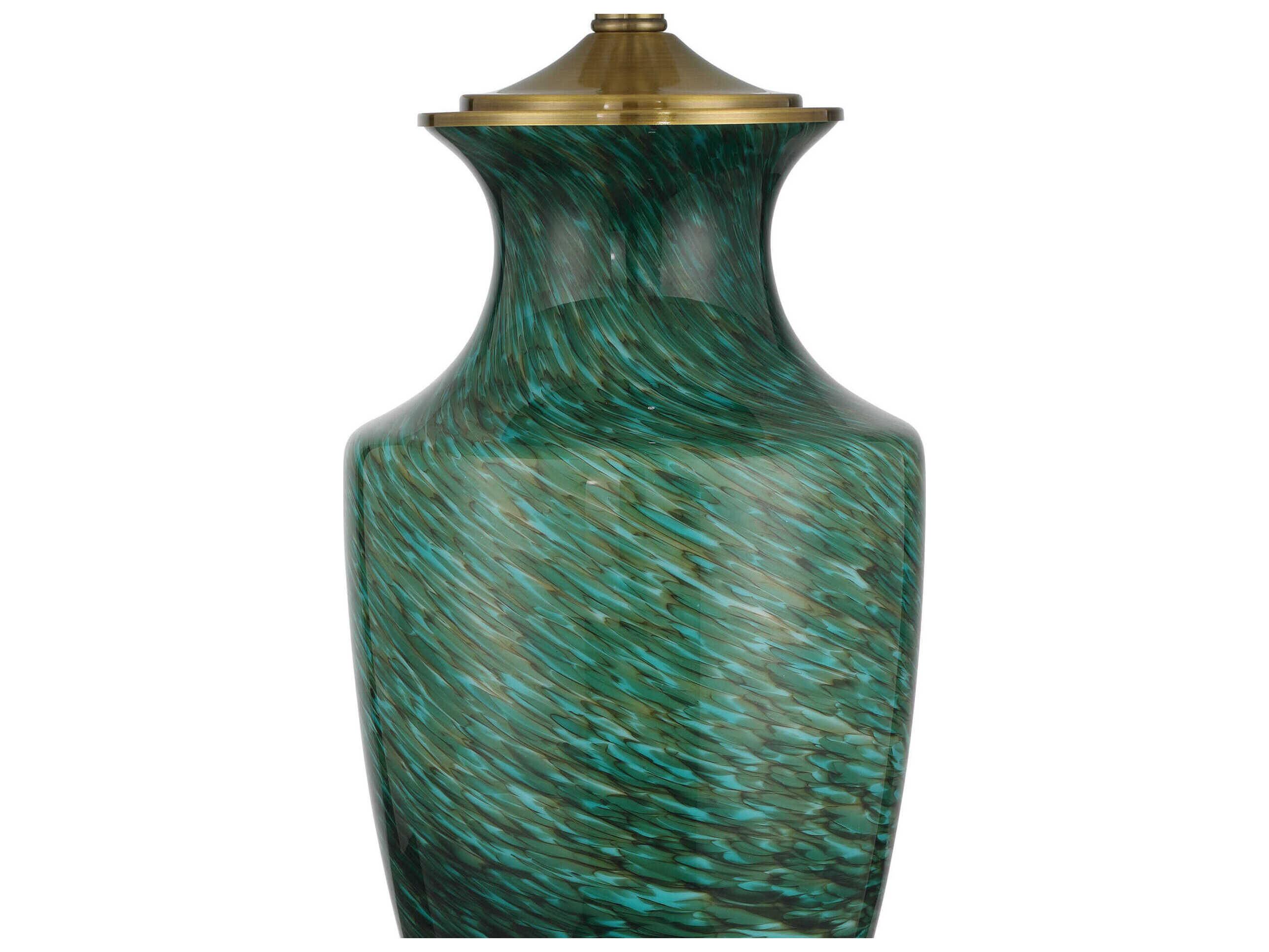 Currey & Company Claude Green Antique Brass White Linen Buffet Lamp