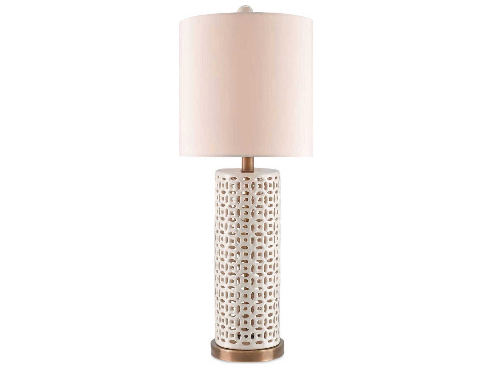 Currey & Company Bellemeade Edison Bulb Buffet/Table Ivory Antique Brass White Buffet Lamp with Honey Beige Shantung Shade