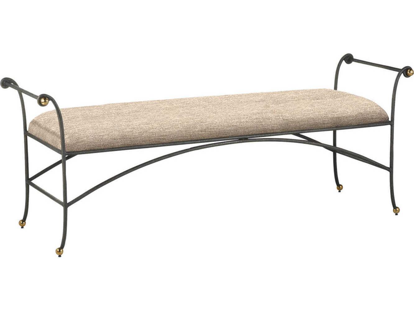 Currey & Company Mabel Antique Black Polished Brass Beige Upholstered Accent Bench