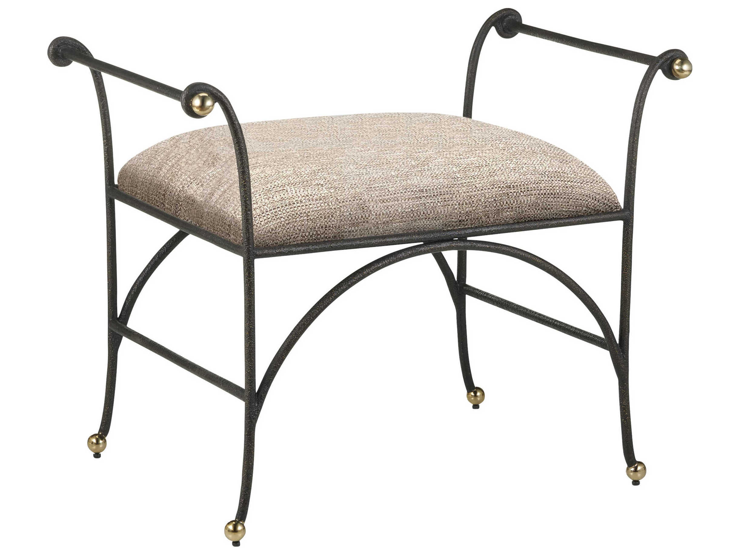 Currey & Company Mabel Antique Black Polished Brass Upholstered Ottoman