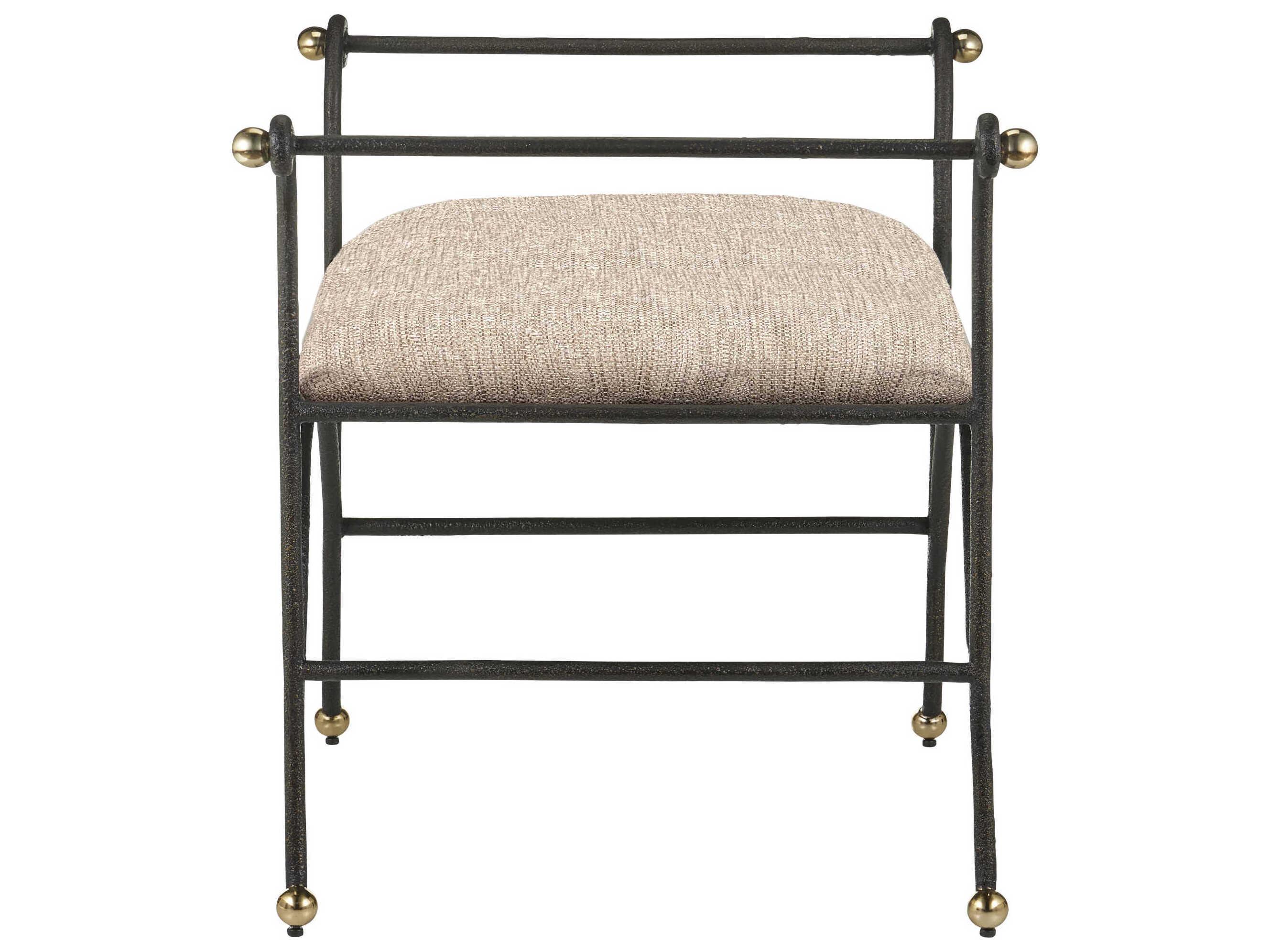 Currey & Company Mabel Antique Black Polished Brass Upholstered Ottoman