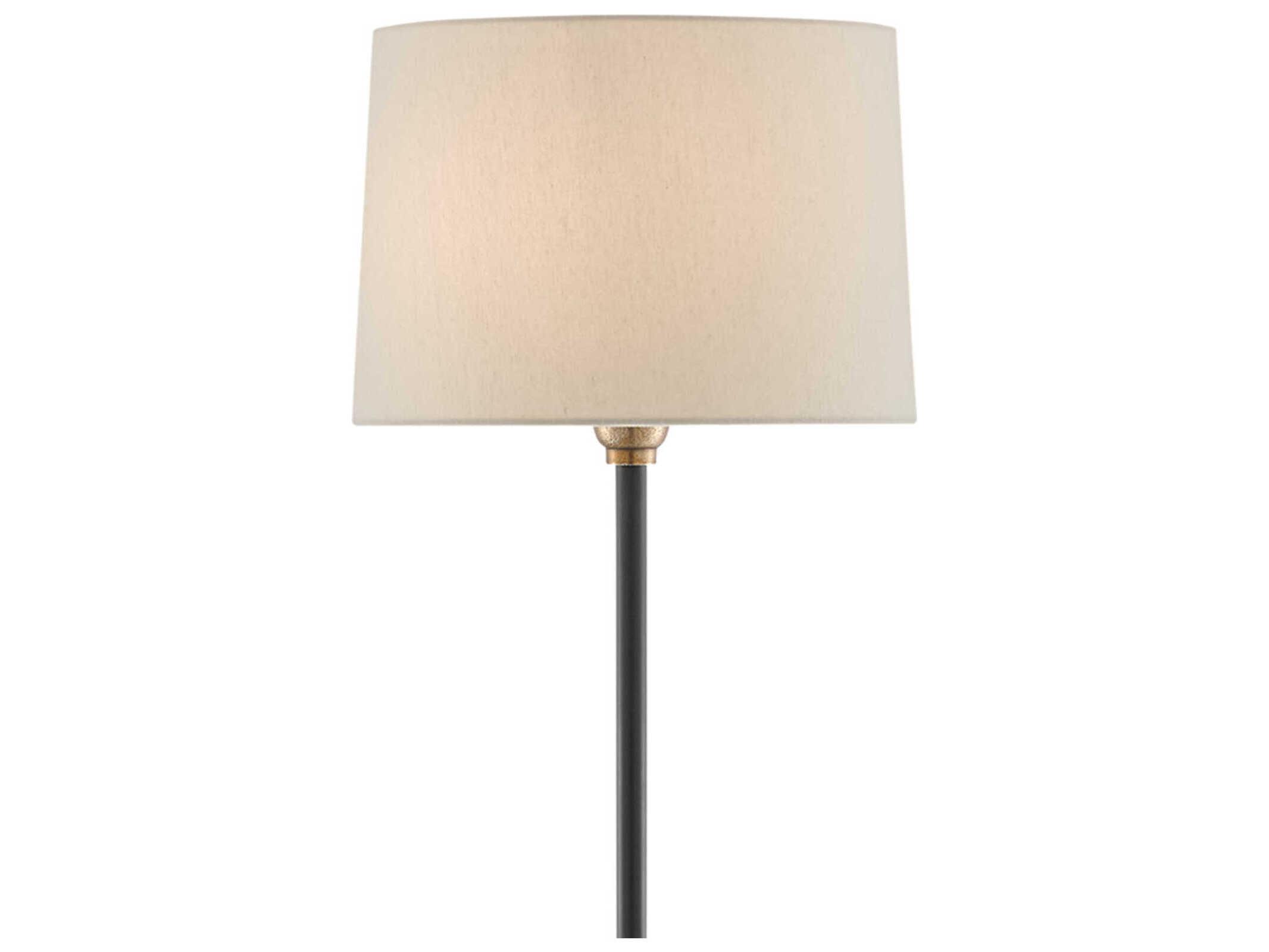 Currey & Company Keeler Antique Brass Black Tan Shantung Floor Lamp