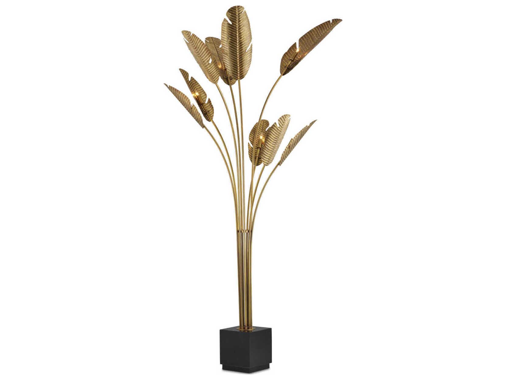 Currey & Company Tropical Vintage Brass Black Floor Lamp