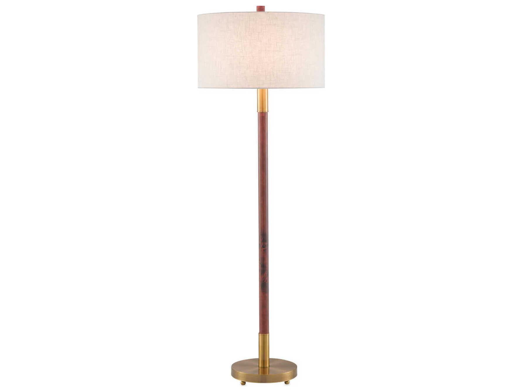 Currey & Company Bravo Mahogany Antique Brass Off White Linen Brown Floor Lamp