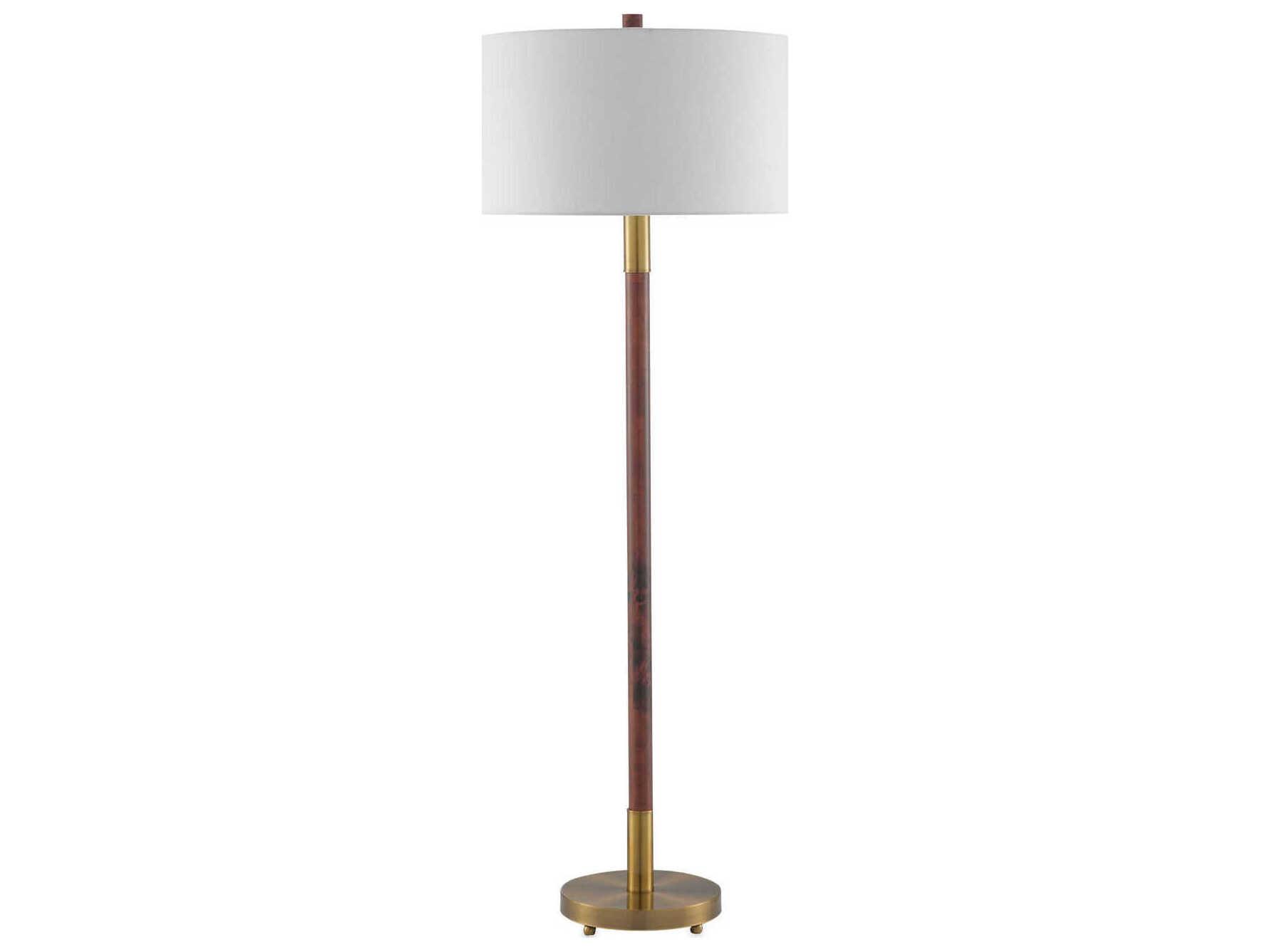 Currey & Company Bravo Mahogany Antique Brass Off White Linen Brown Floor Lamp
