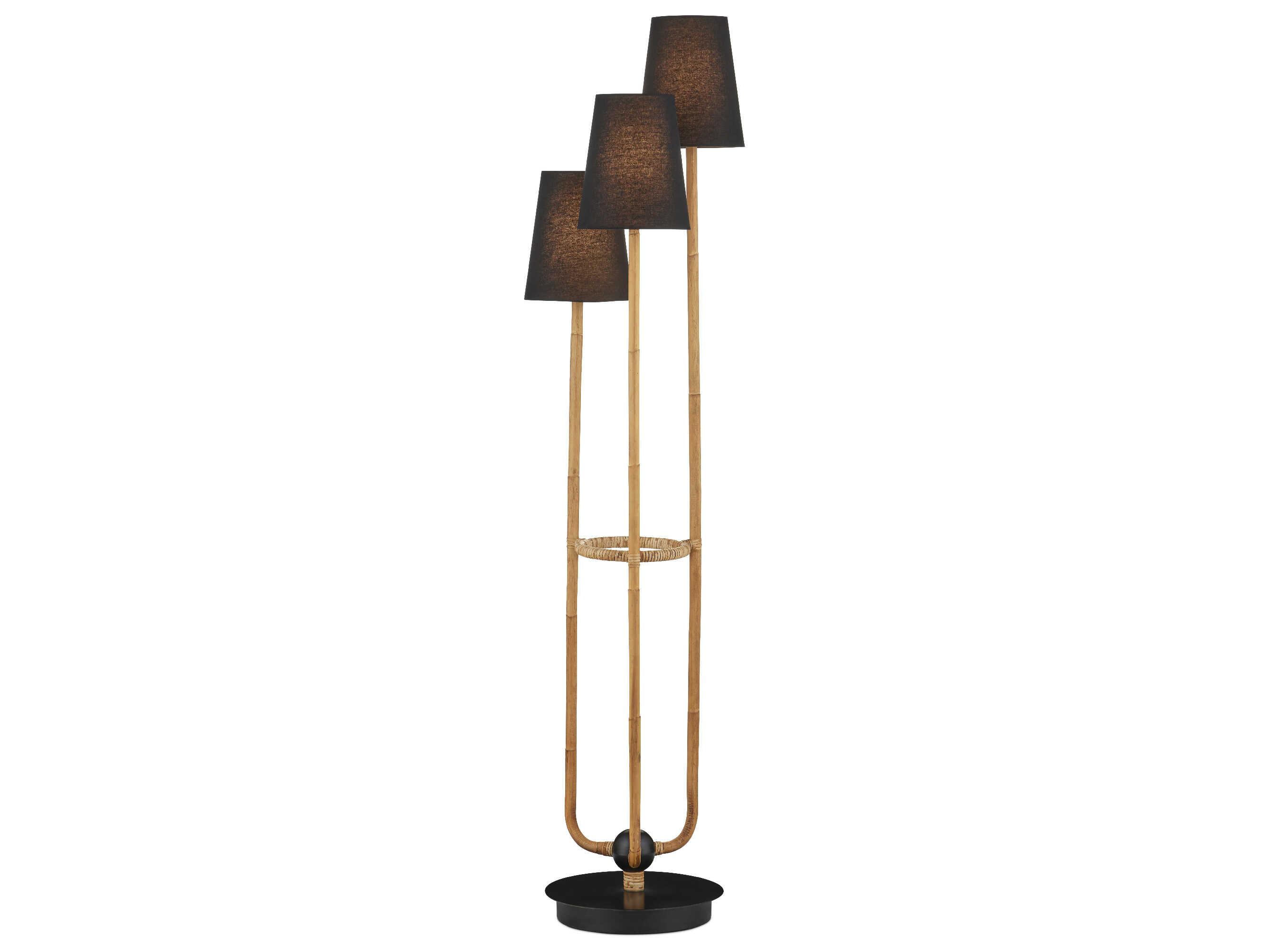 Currey & Company Triptych Natural Rattan Satin Black Linen Floor Lamp