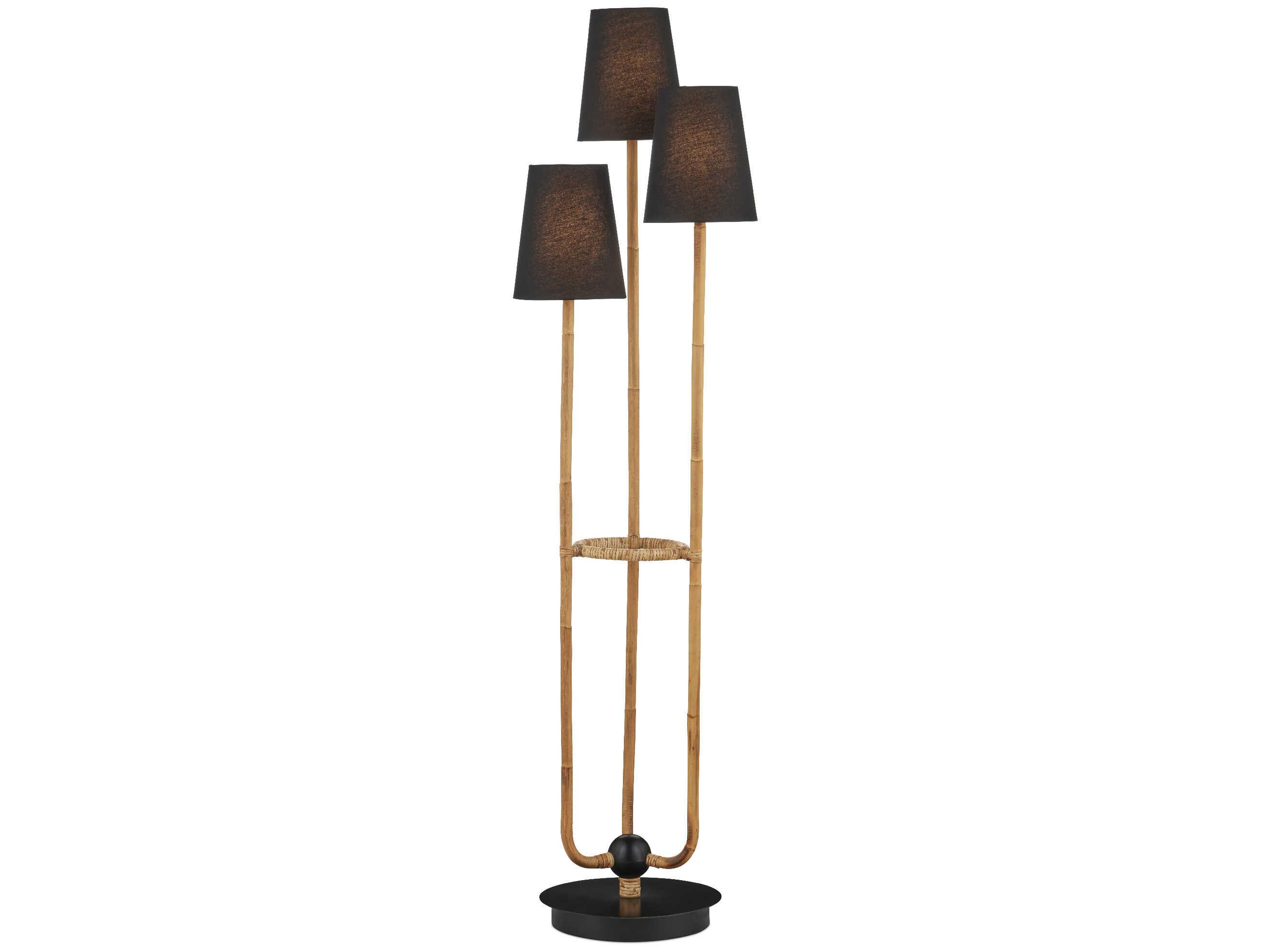 Currey & Company Triptych Natural Rattan Satin Black Linen Floor Lamp