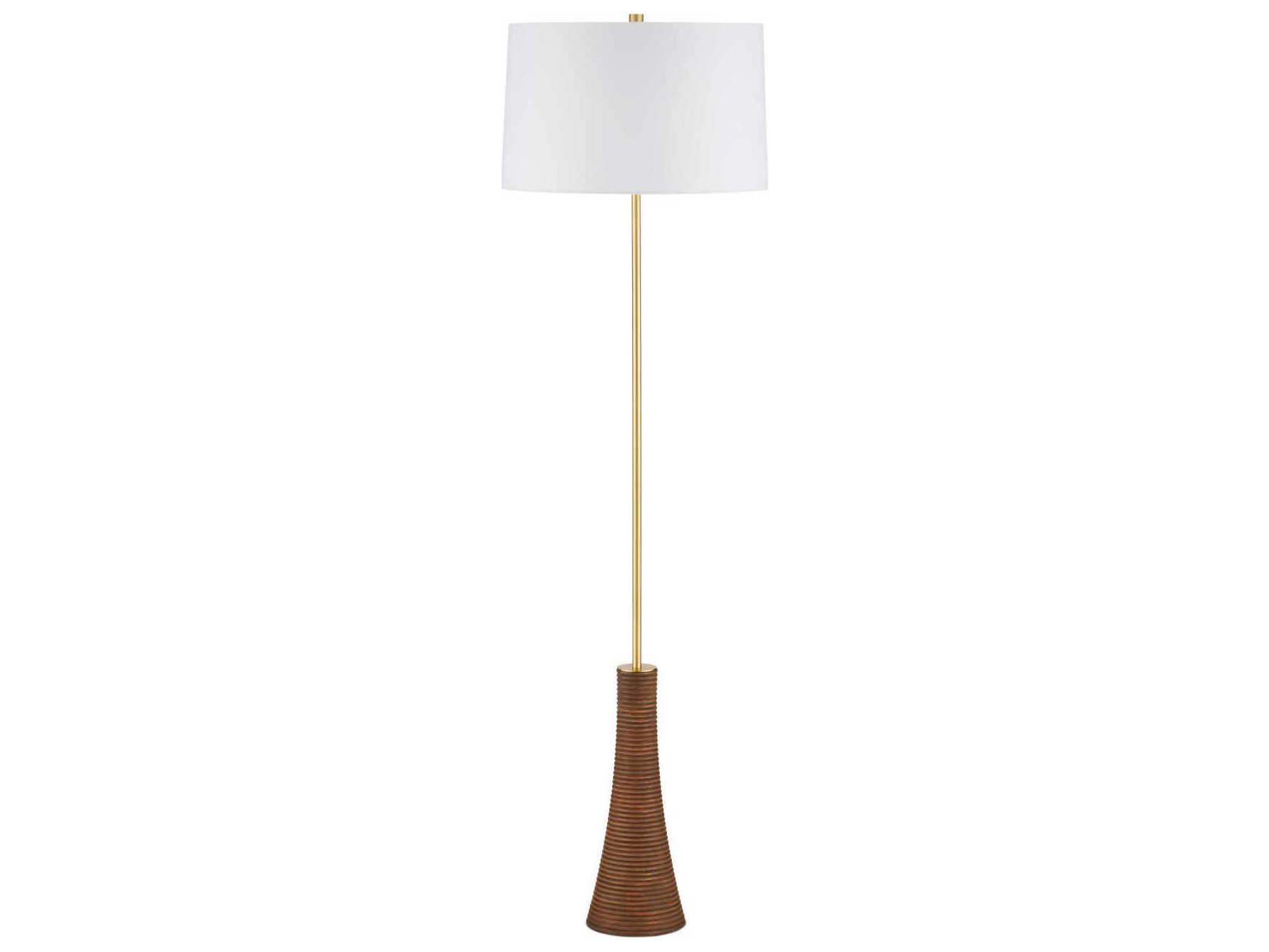 Currey & Company Lathe Natural Brushed Brass White Linen Floor Lamp