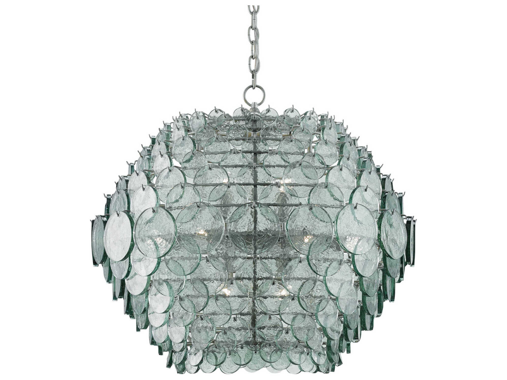 Currey & Company Braithwell 14-Light Painted Silver Granello Green Glass Globe Pendant