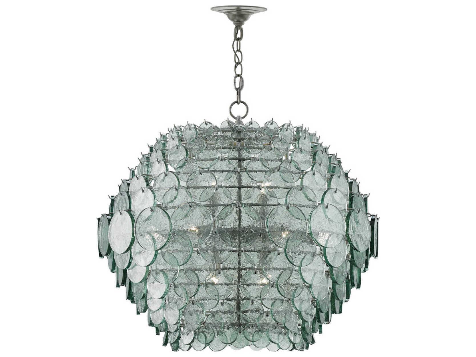 Currey & Company Braithwell 14-Light Painted Silver Granello Green Glass Globe Pendant