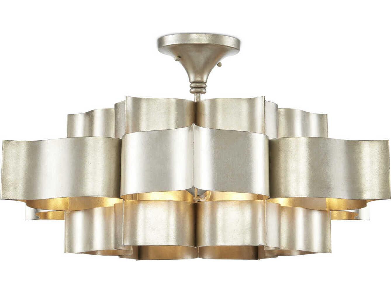 Currey & Company Grand Lotus 6-Light Contemporary Silver Leaf Island Pendant