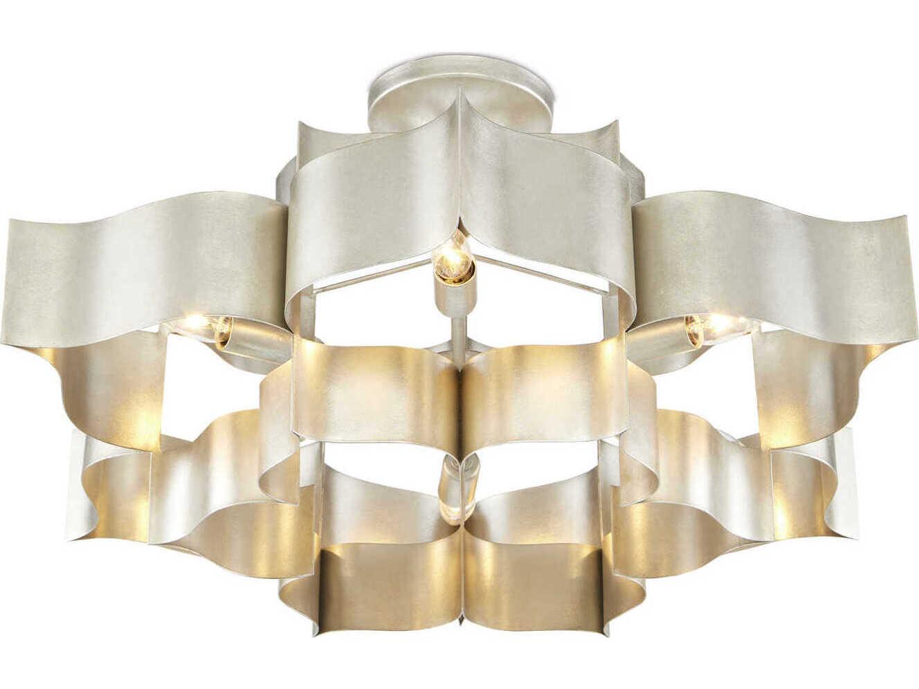 Currey & Company Grand Lotus 6-Light Contemporary Silver Leaf Island Pendant