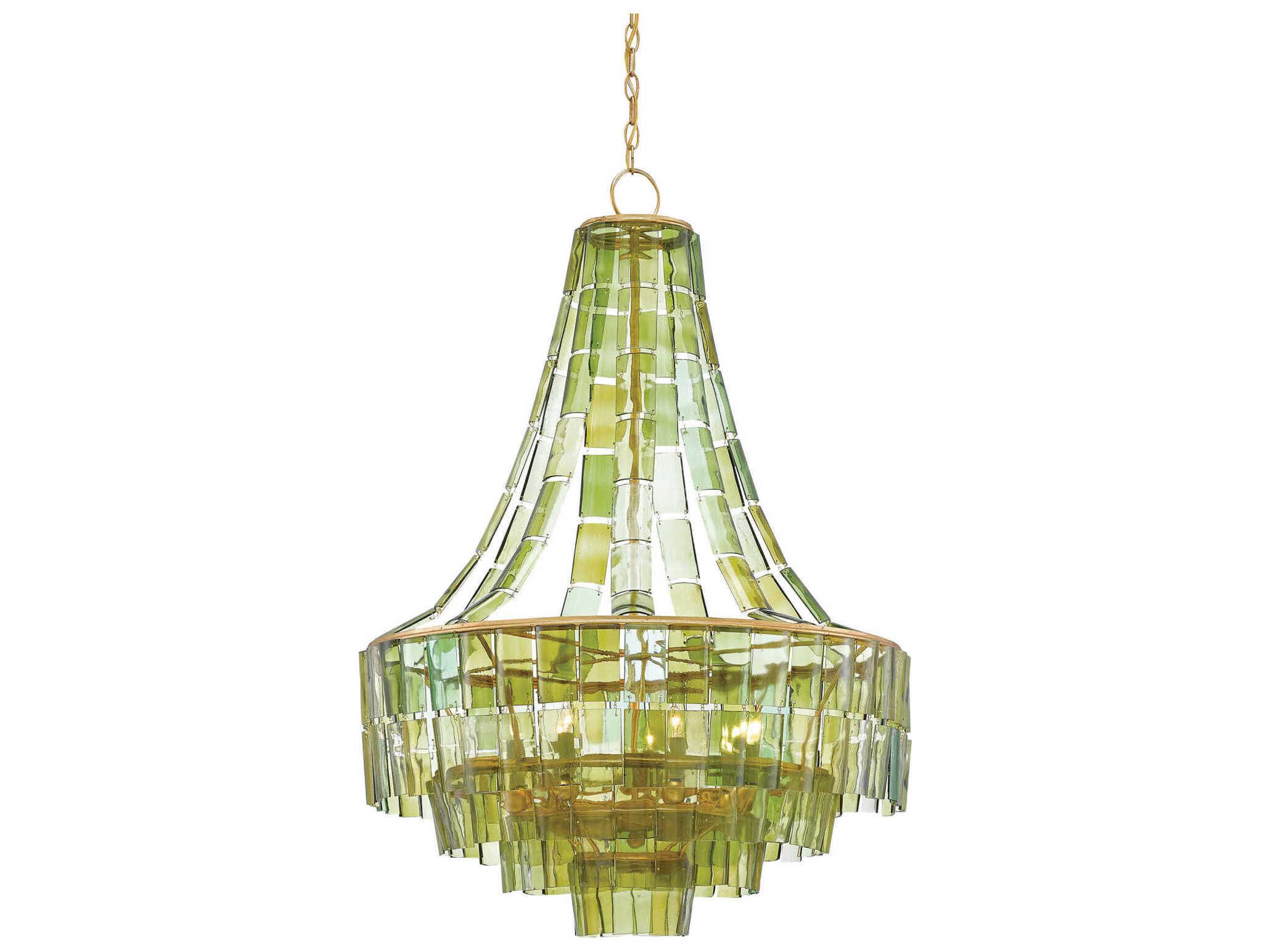 Currey & Company Vintner 7-Light Dark Contemporary Gold Leaf Green Glass Candelabra Geometric Chandelier