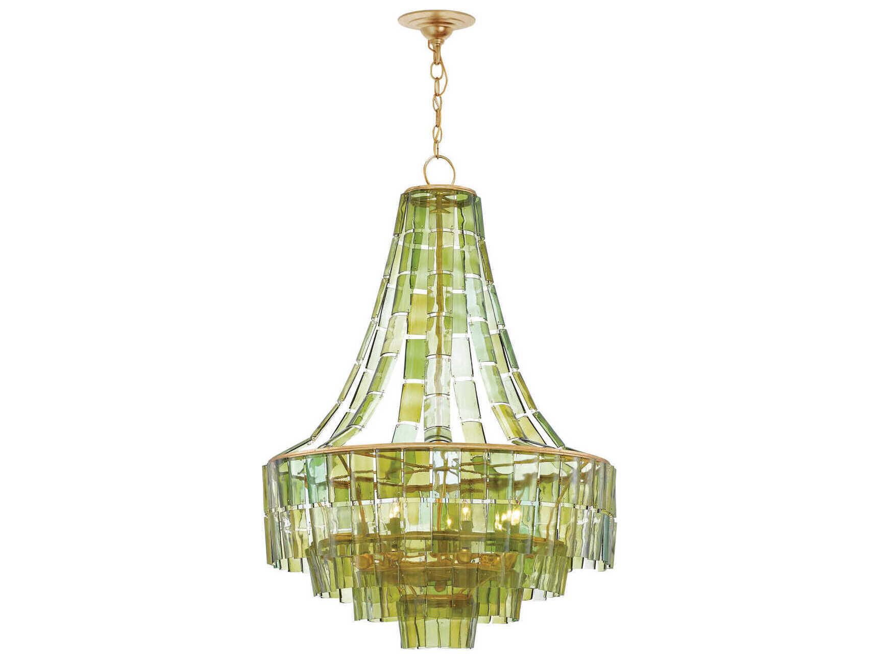 Currey & Company Vintner 7-Light Dark Contemporary Gold Leaf Green Glass Candelabra Geometric Chandelier