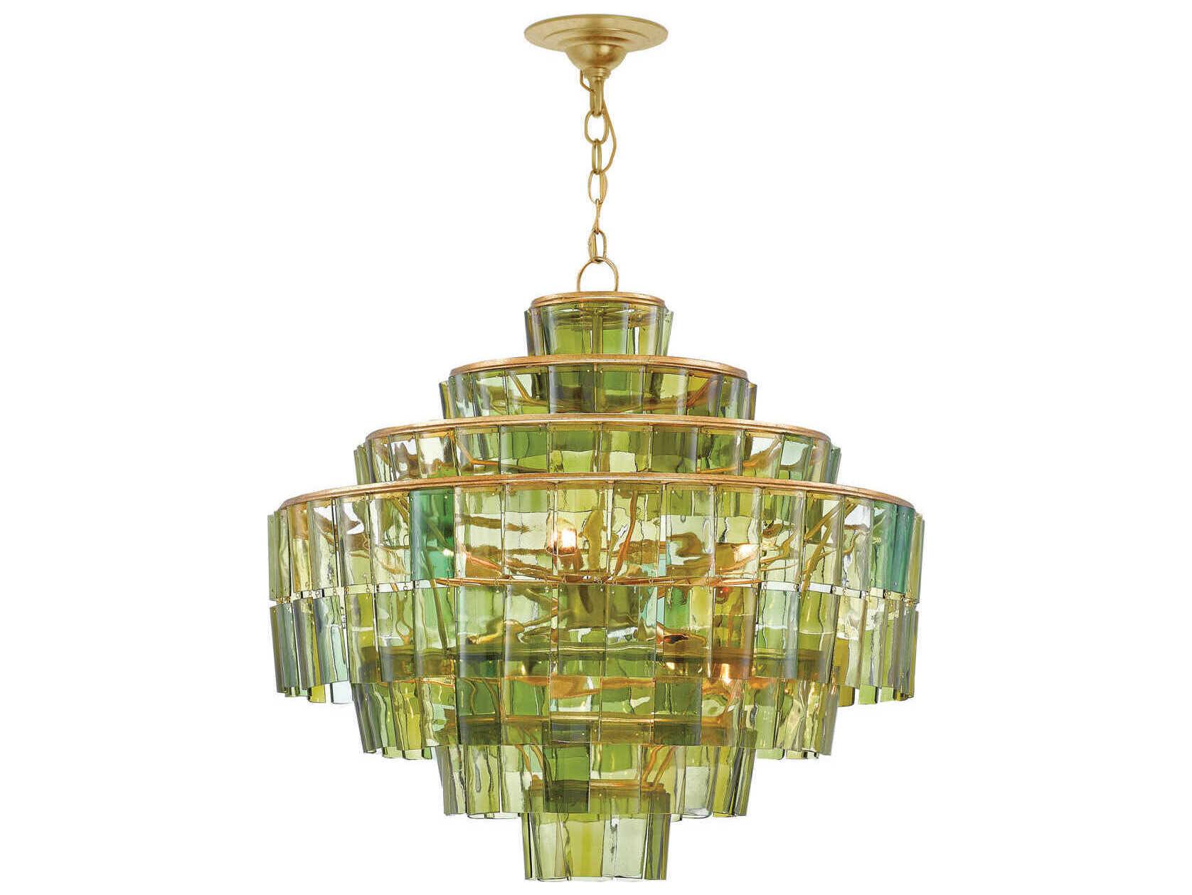 Currey & Company Sommelier 8-Light Dark Contemporary Gold Leaf Green Globe Tiered Chandelier
