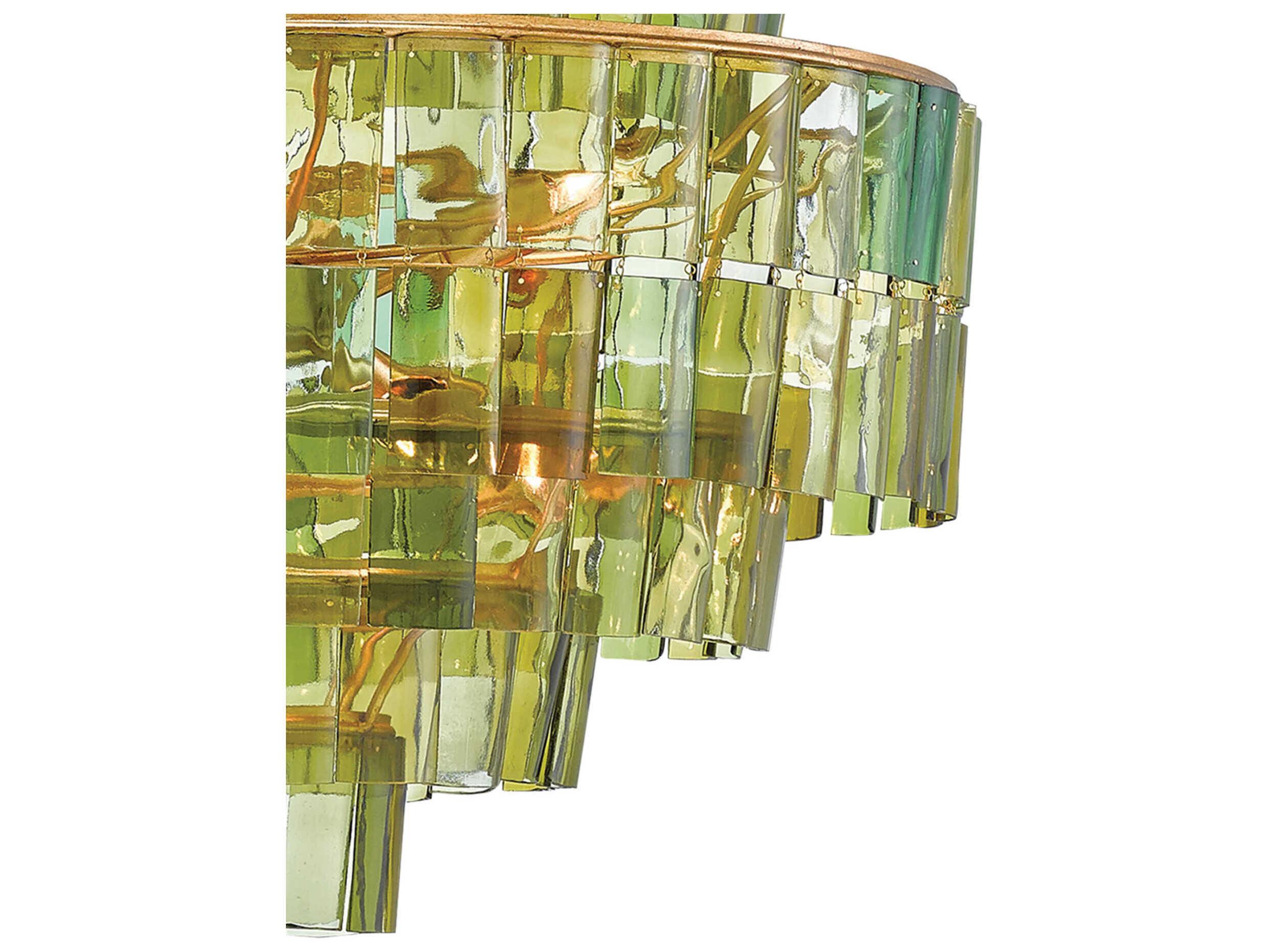 Currey & Company Sommelier 8-Light Dark Contemporary Gold Leaf Green Globe Tiered Chandelier