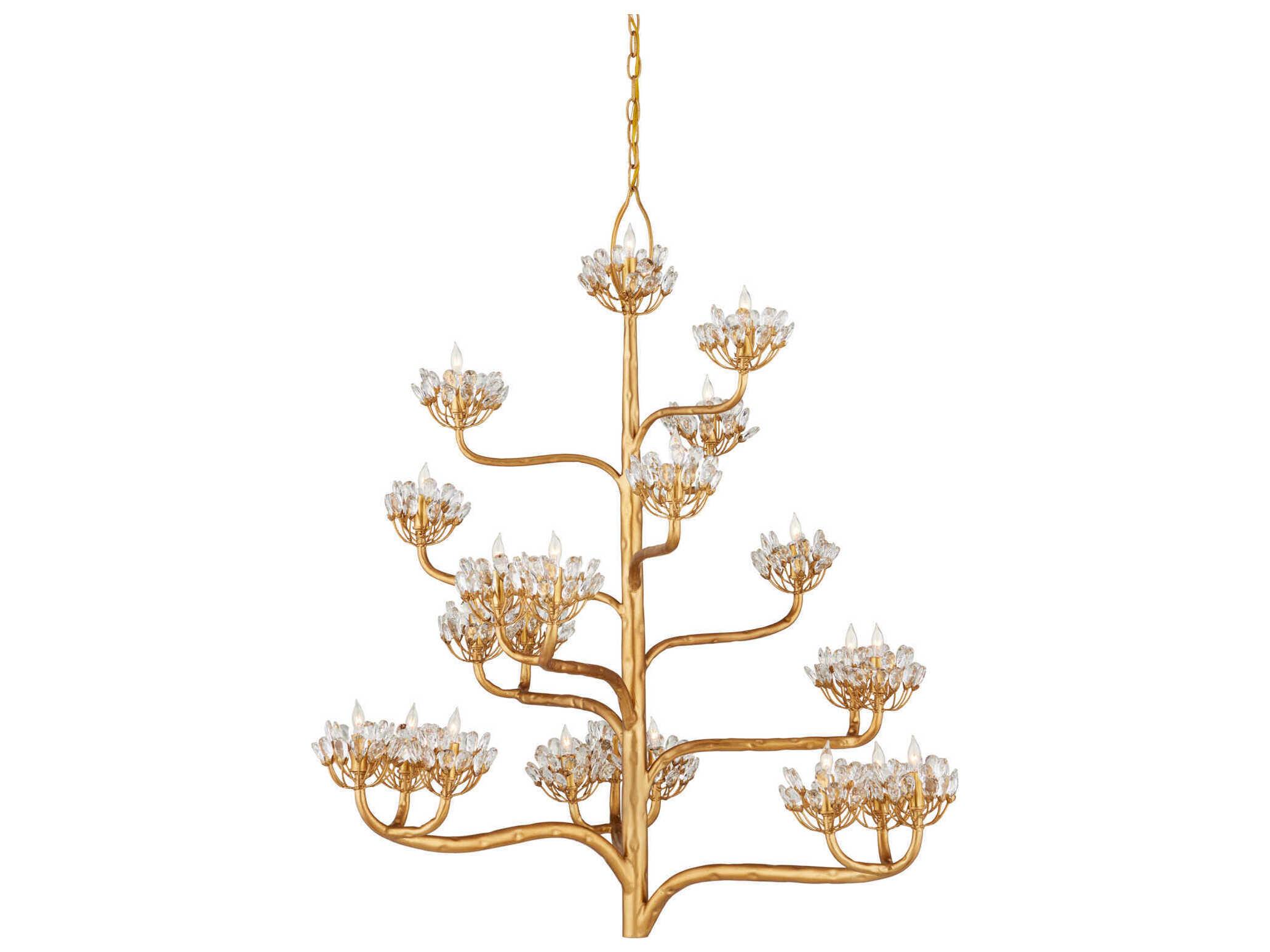 Currey & Company Agave Americana 22-Light Dark Contemporary Gold Leaf Crystal Tiered Chandelier