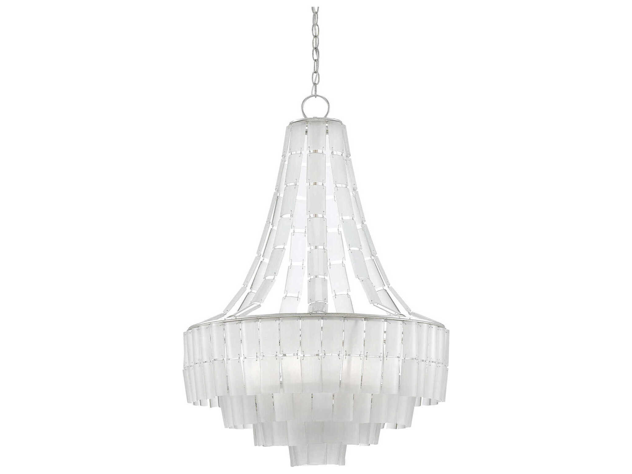 Currey & Company Vintner 7-Light Contemporary Silver Leaf Opaque White Glass Candelabra Globe Tiered Chandelier