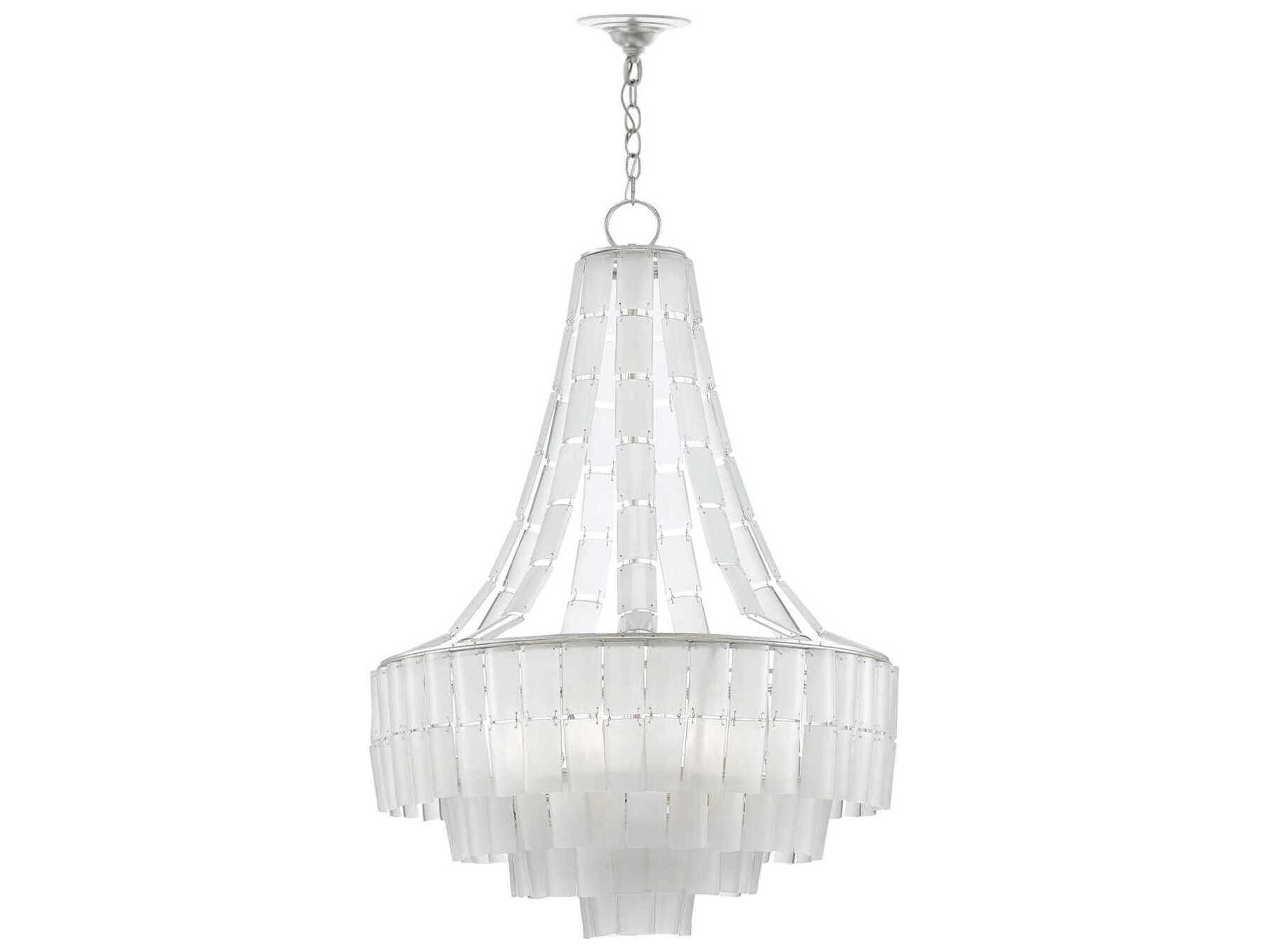 Currey & Company Vintner 7-Light Contemporary Silver Leaf Opaque White Glass Candelabra Globe Tiered Chandelier