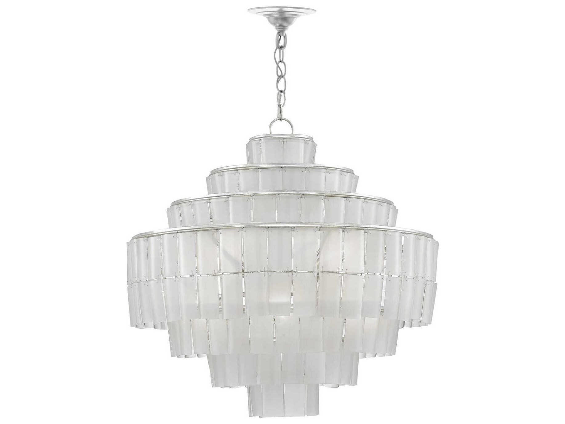 Currey & Company Sommelier Blanc 8-Light Contemporary Silver Leaf Opaque White Globe Tiered Chandelier