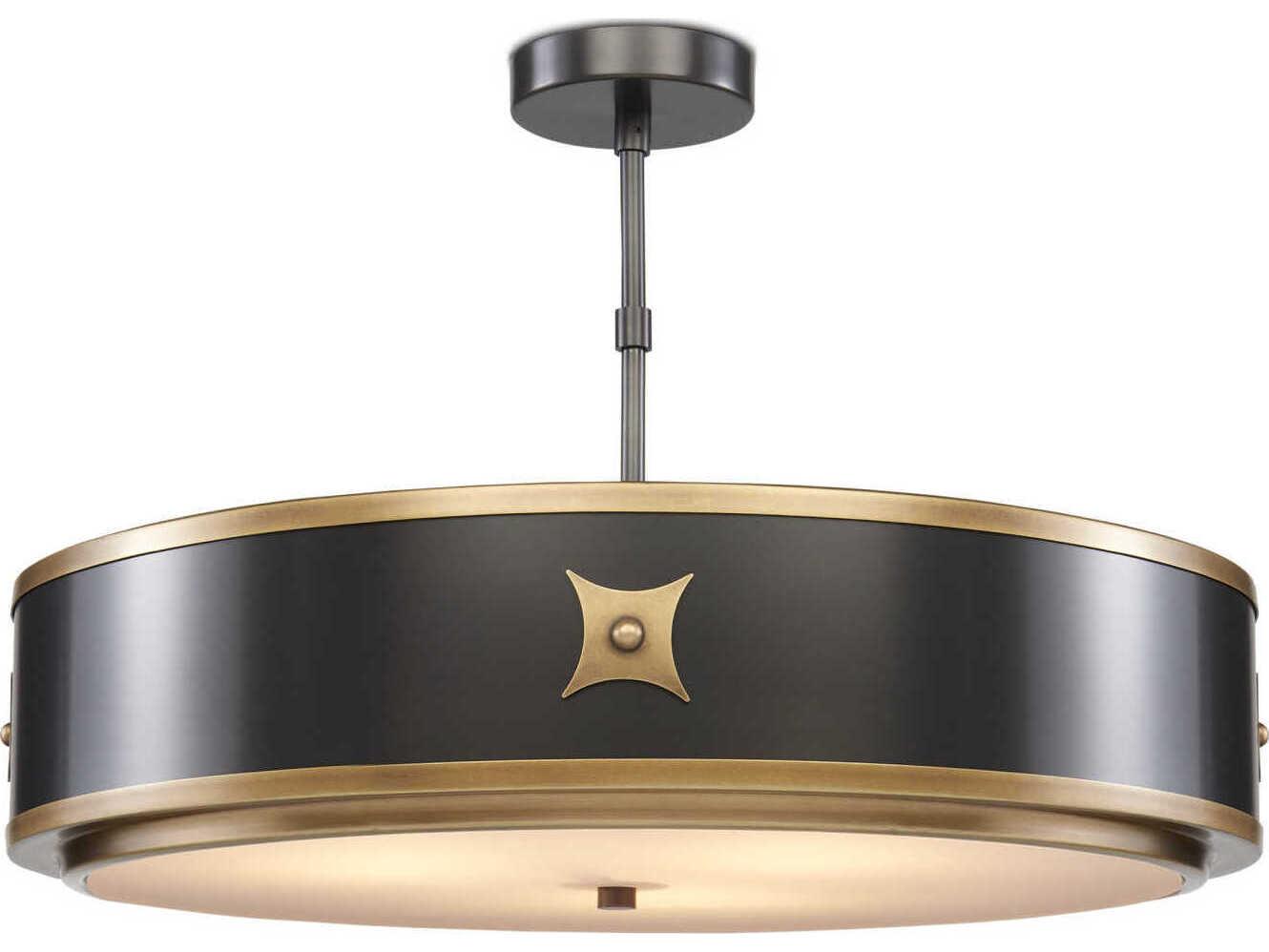 Currey & Company Huntsman Satin Black Antique Brass White Glass Drum Semi Flush Mount