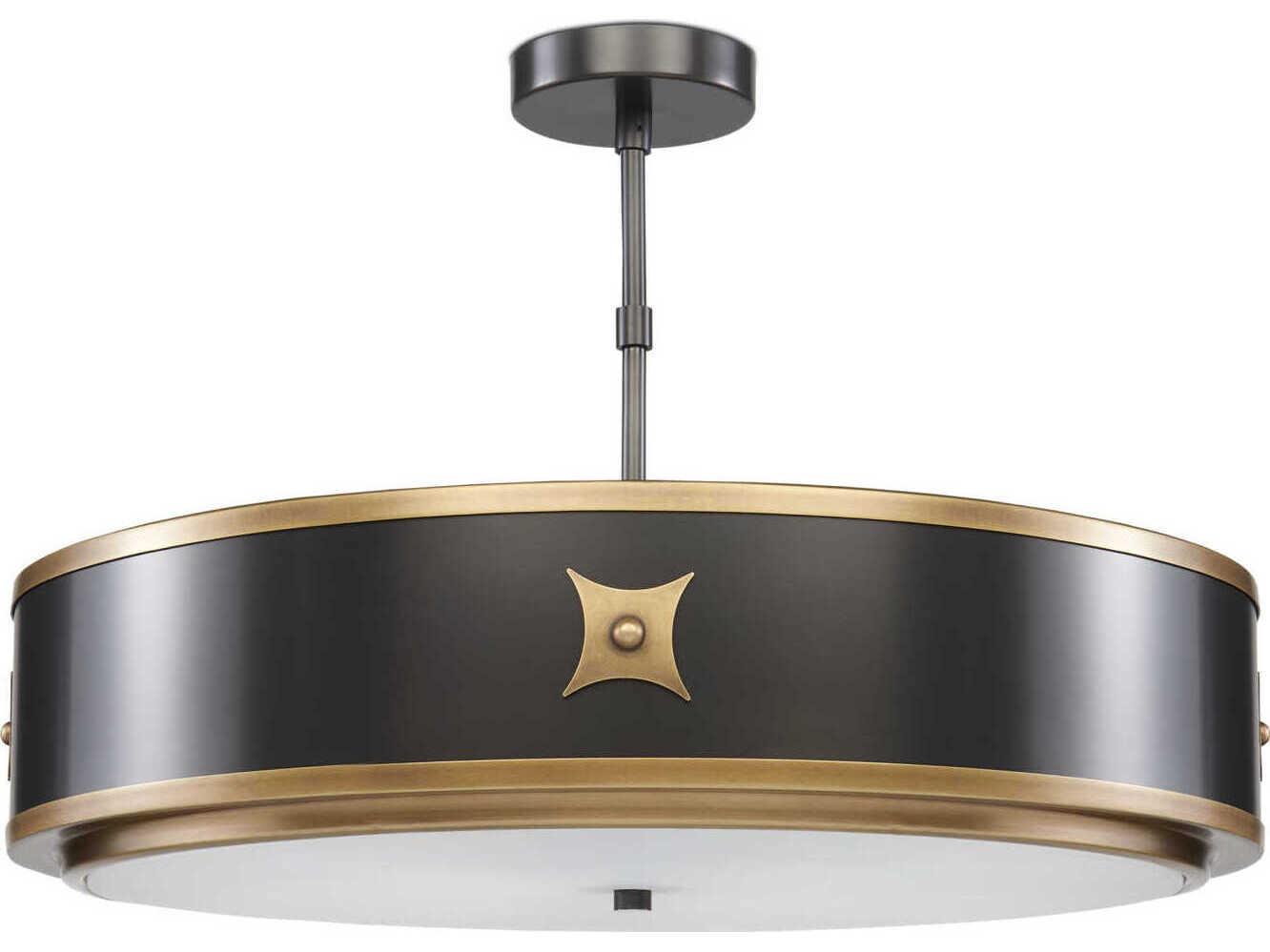 Currey & Company Huntsman Satin Black Antique Brass White Glass Drum Semi Flush Mount