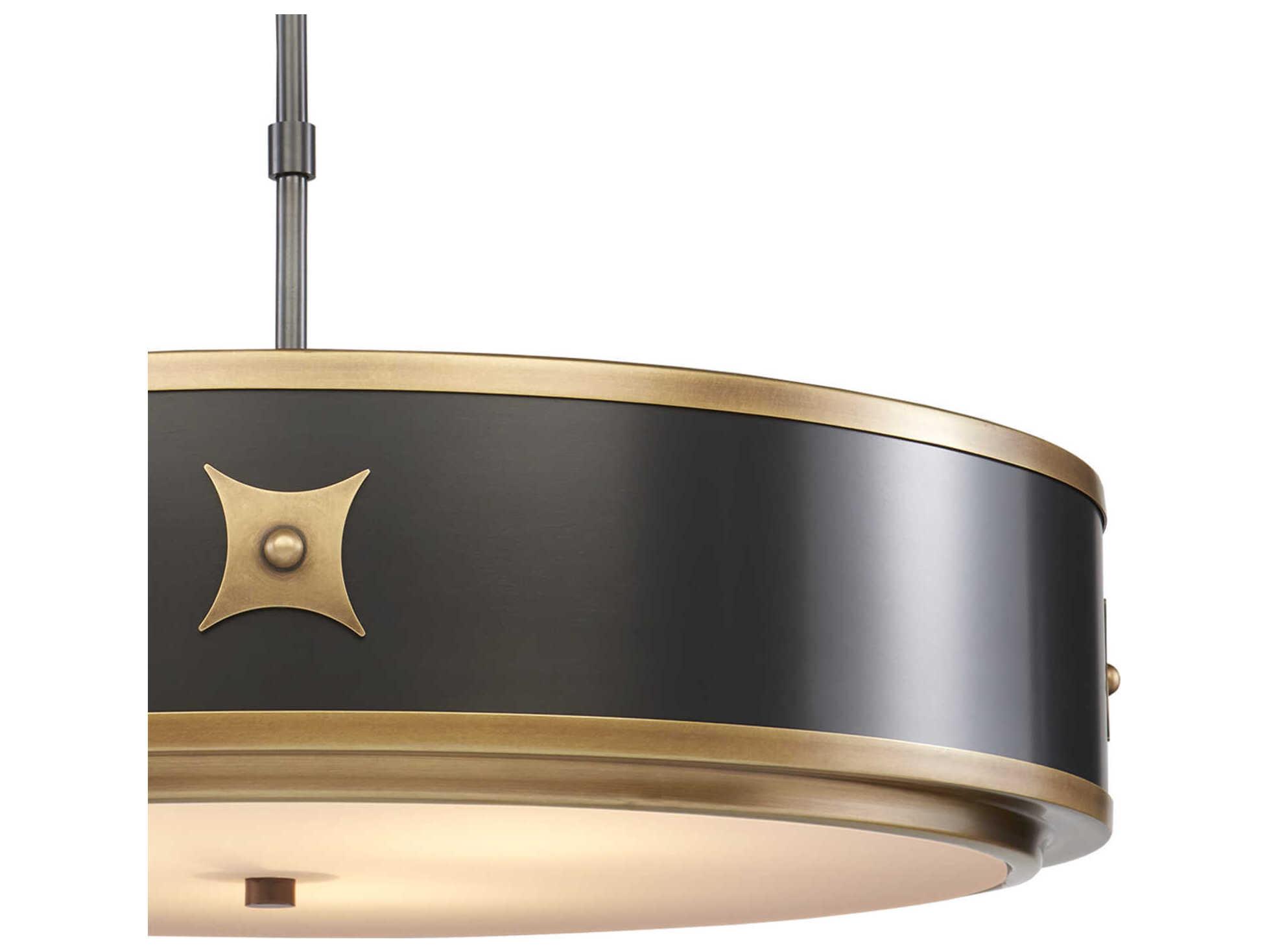 Currey & Company Huntsman Satin Black Antique Brass White Glass Drum Semi Flush Mount