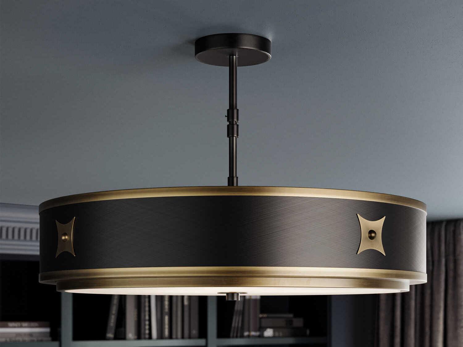 Currey & Company Huntsman Satin Black Antique Brass White Glass Drum Semi Flush Mount