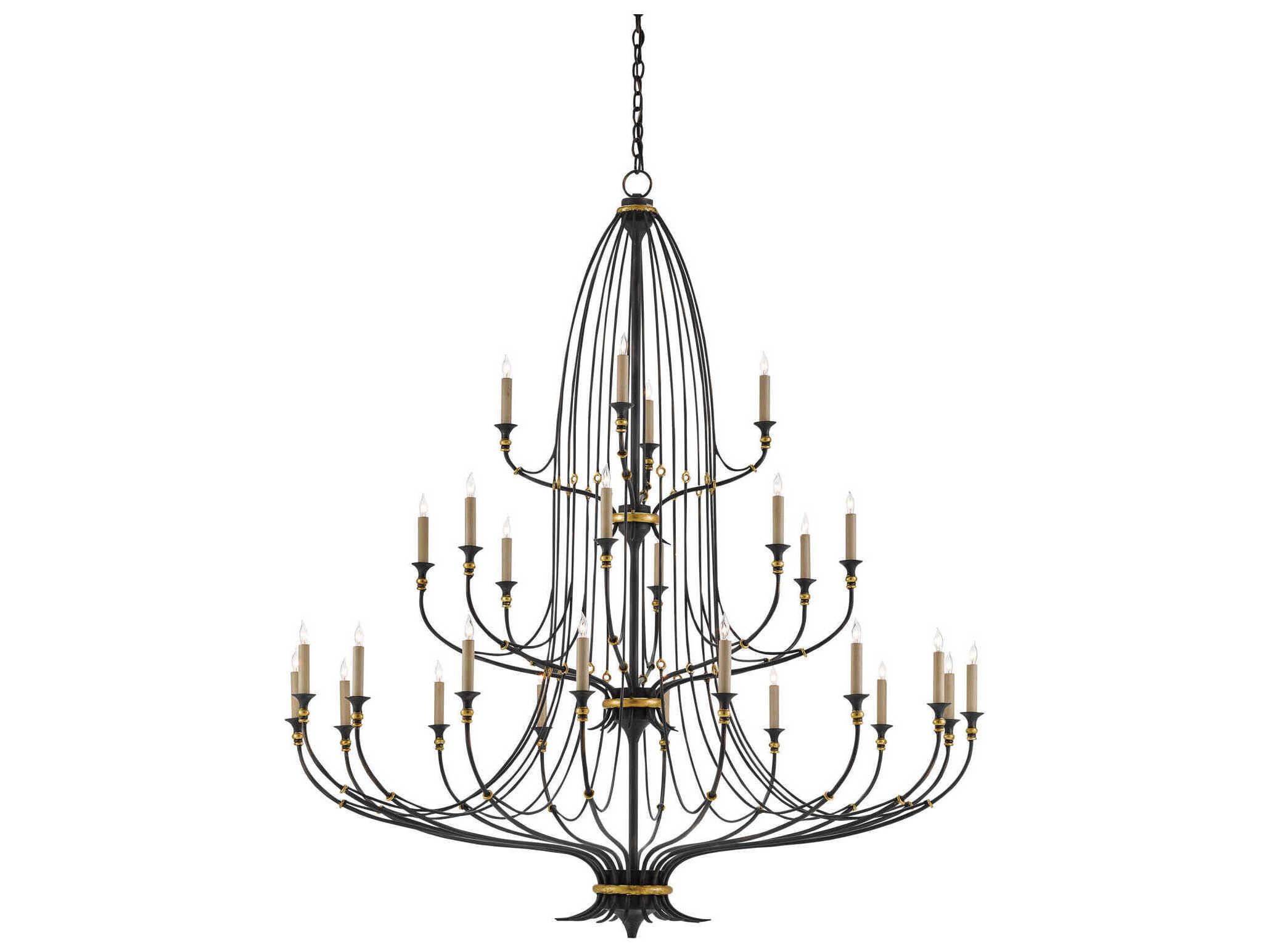 Currey & Company Folgate 28-Light French Black Gold Leaf Candelabra Tiered Chandelier