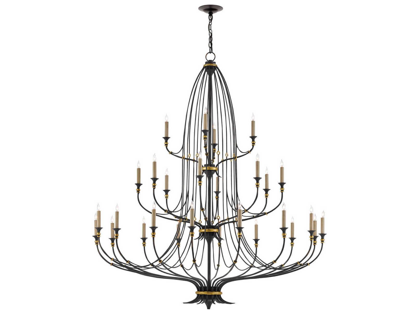 Currey & Company Folgate 28-Light French Black Gold Leaf Candelabra Tiered Chandelier