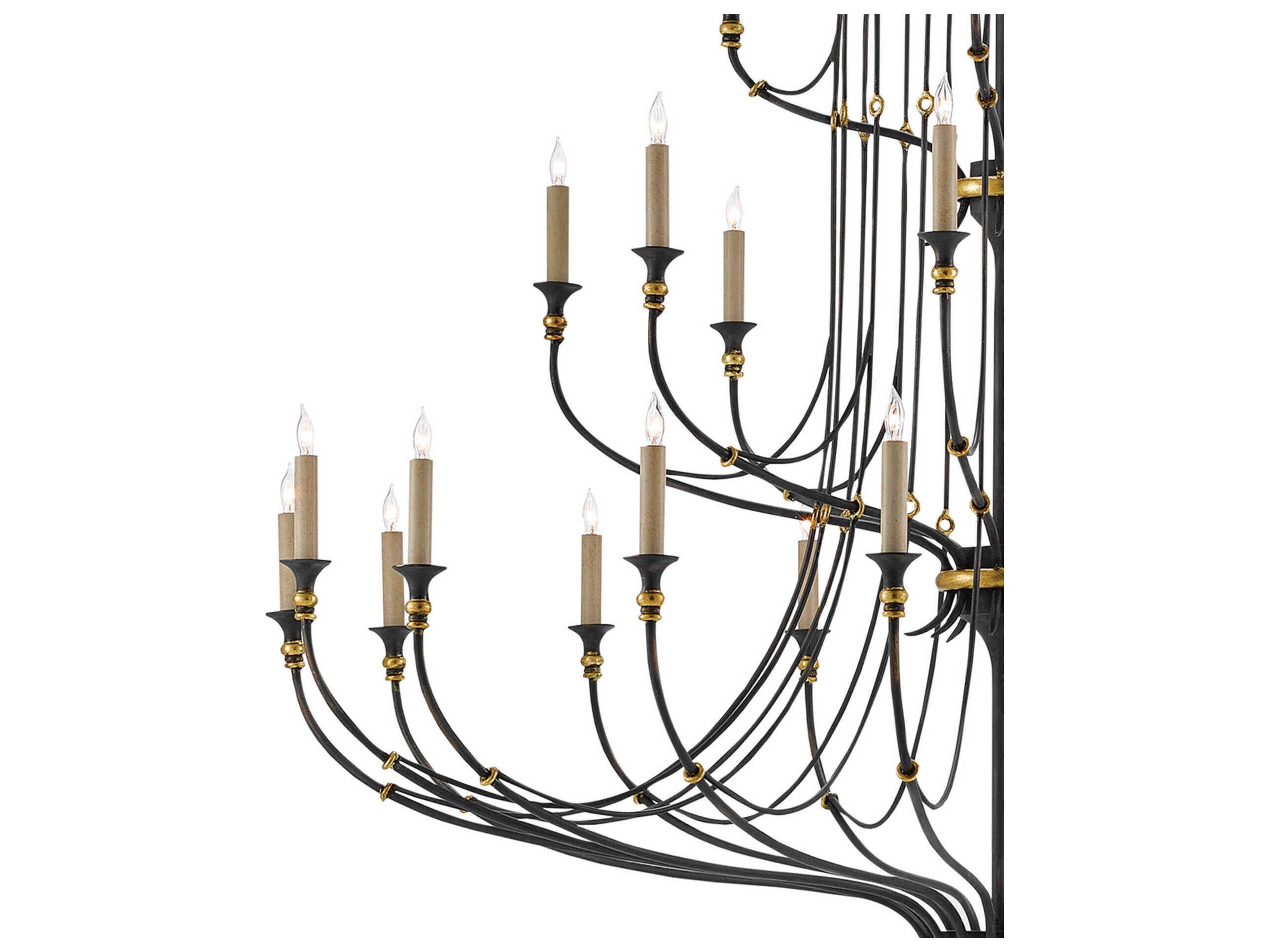 Currey & Company Folgate 28-Light French Black Gold Leaf Candelabra Tiered Chandelier