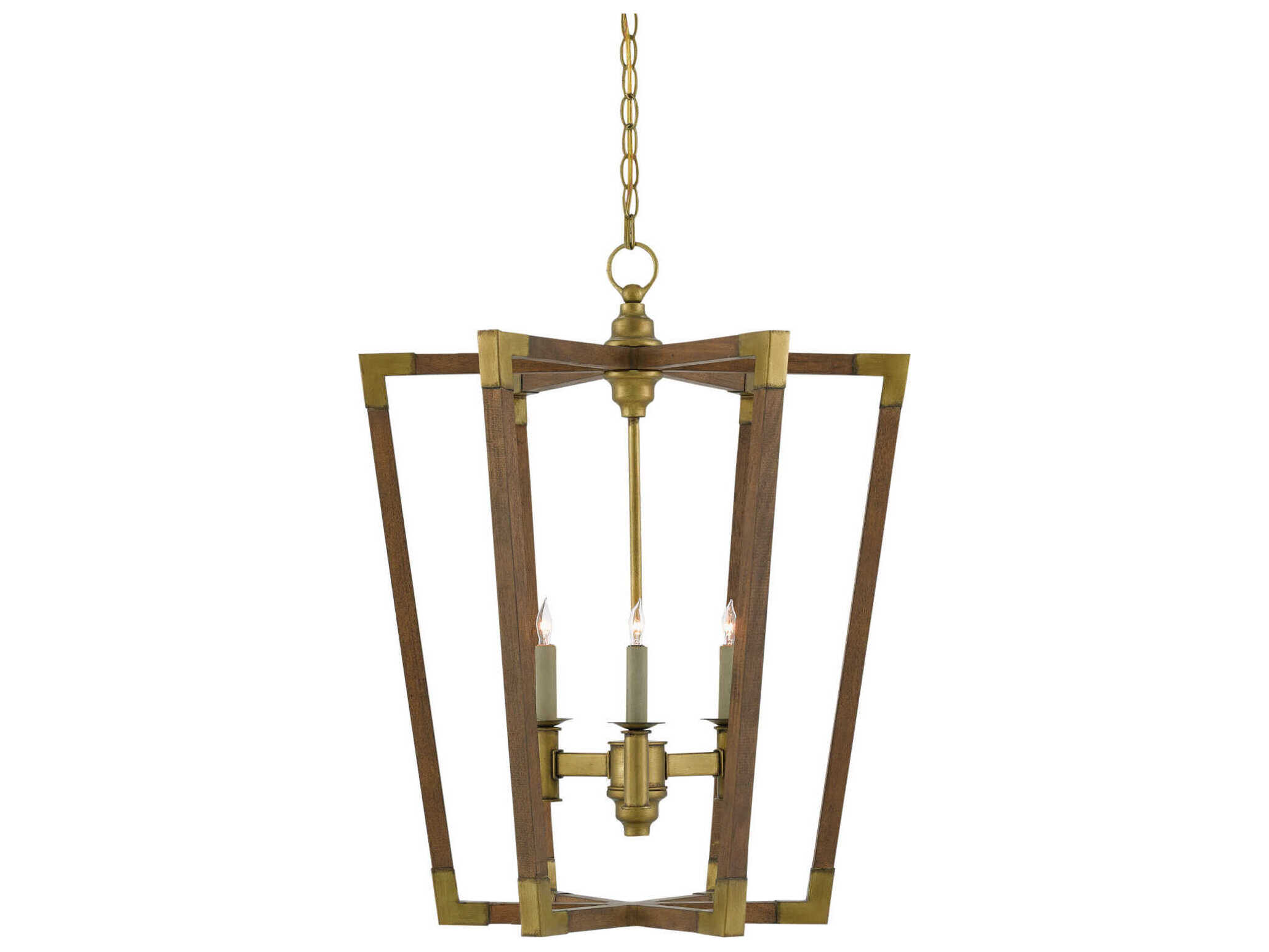 Currey & Company Bastian 3-Light Chestnut Brass Wood Candelabra Geometric Chandelier