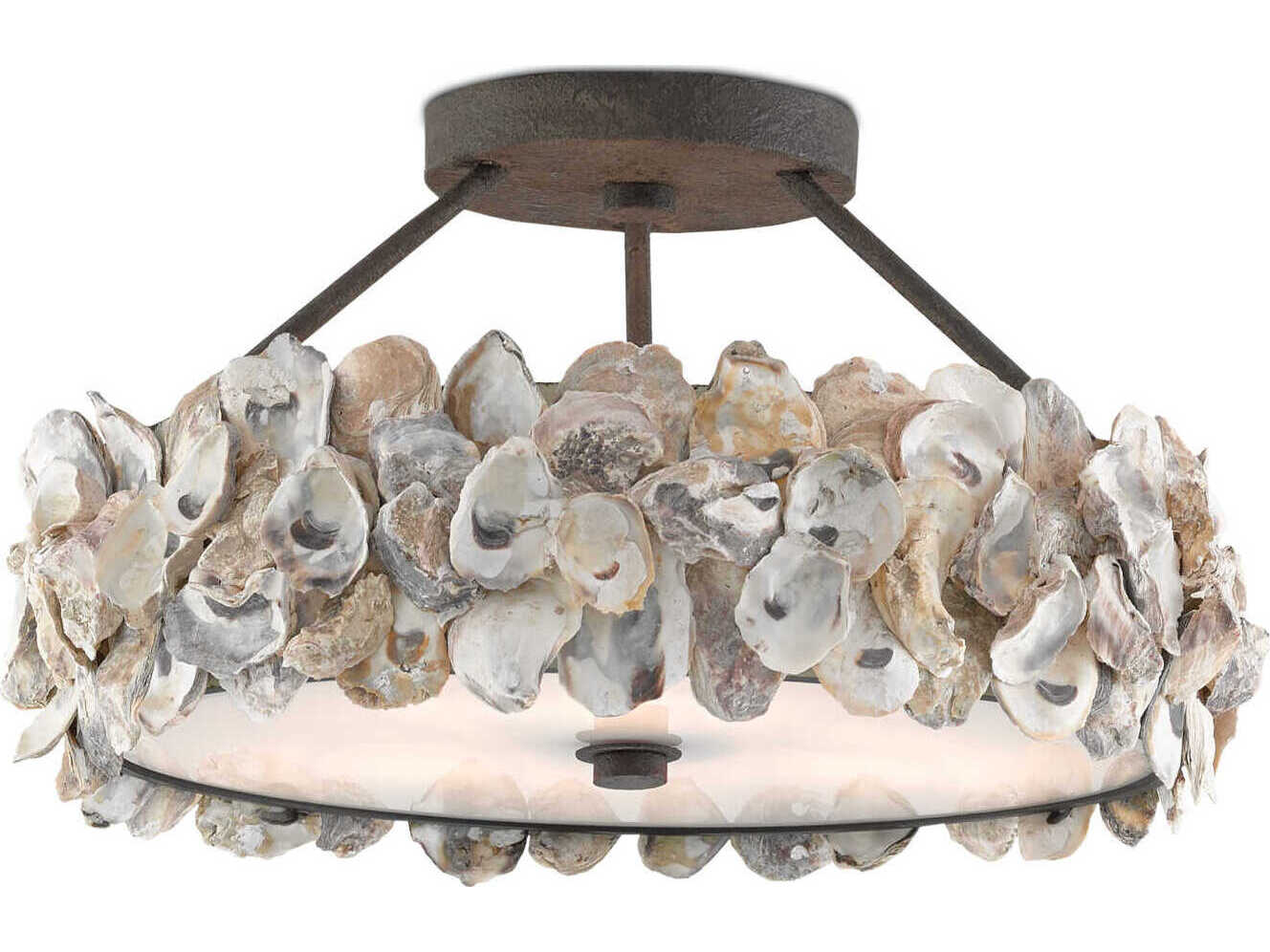 Currey & Company Oyster 3-Light Textured Bronze Natural Geometric Round Semi Flush Mount