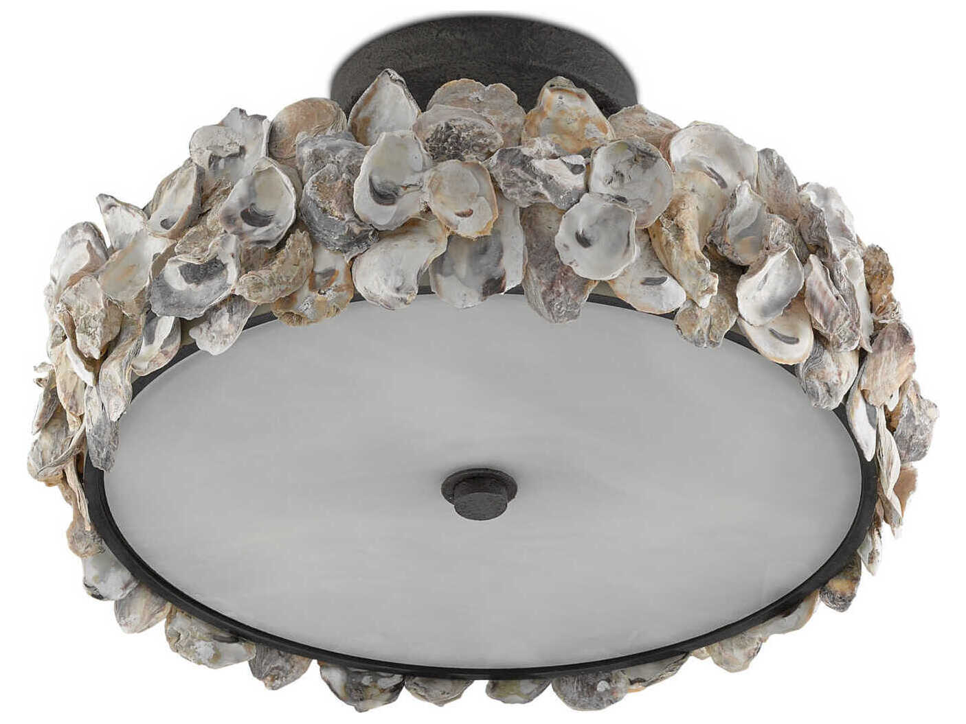Currey & Company Oyster 3-Light Textured Bronze Natural Geometric Round Semi Flush Mount