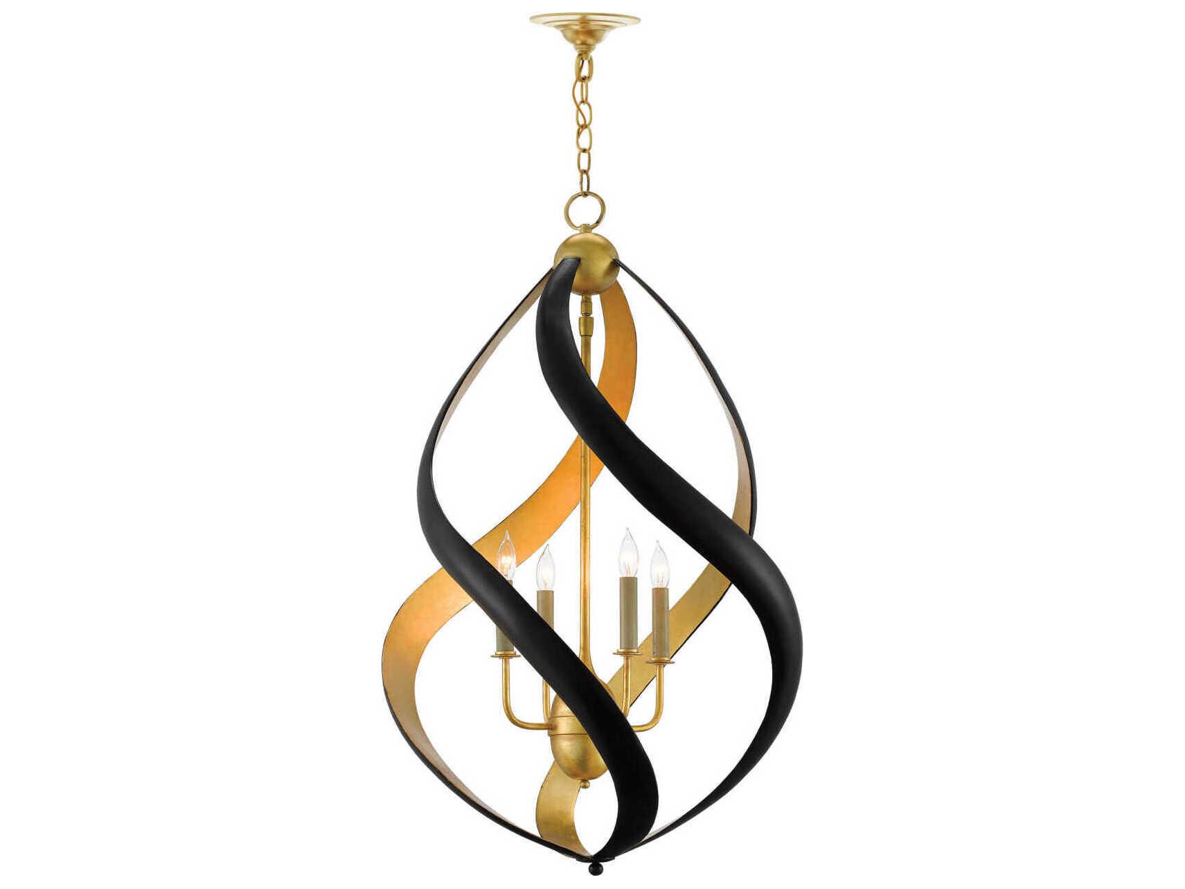 Currey & Company Trephine 4-Light Contemporary Gold Leaf Satin Black Chandelier