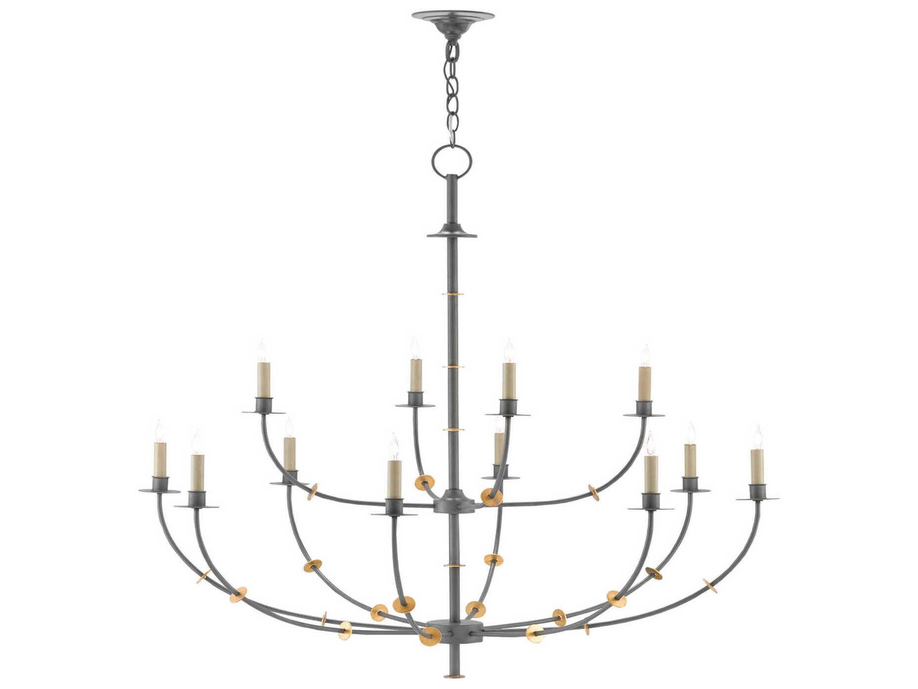 Currey & Company Balladier 12-Light Hiroshi Gray Contemporary Gold Leaf Tiered Chandelier
