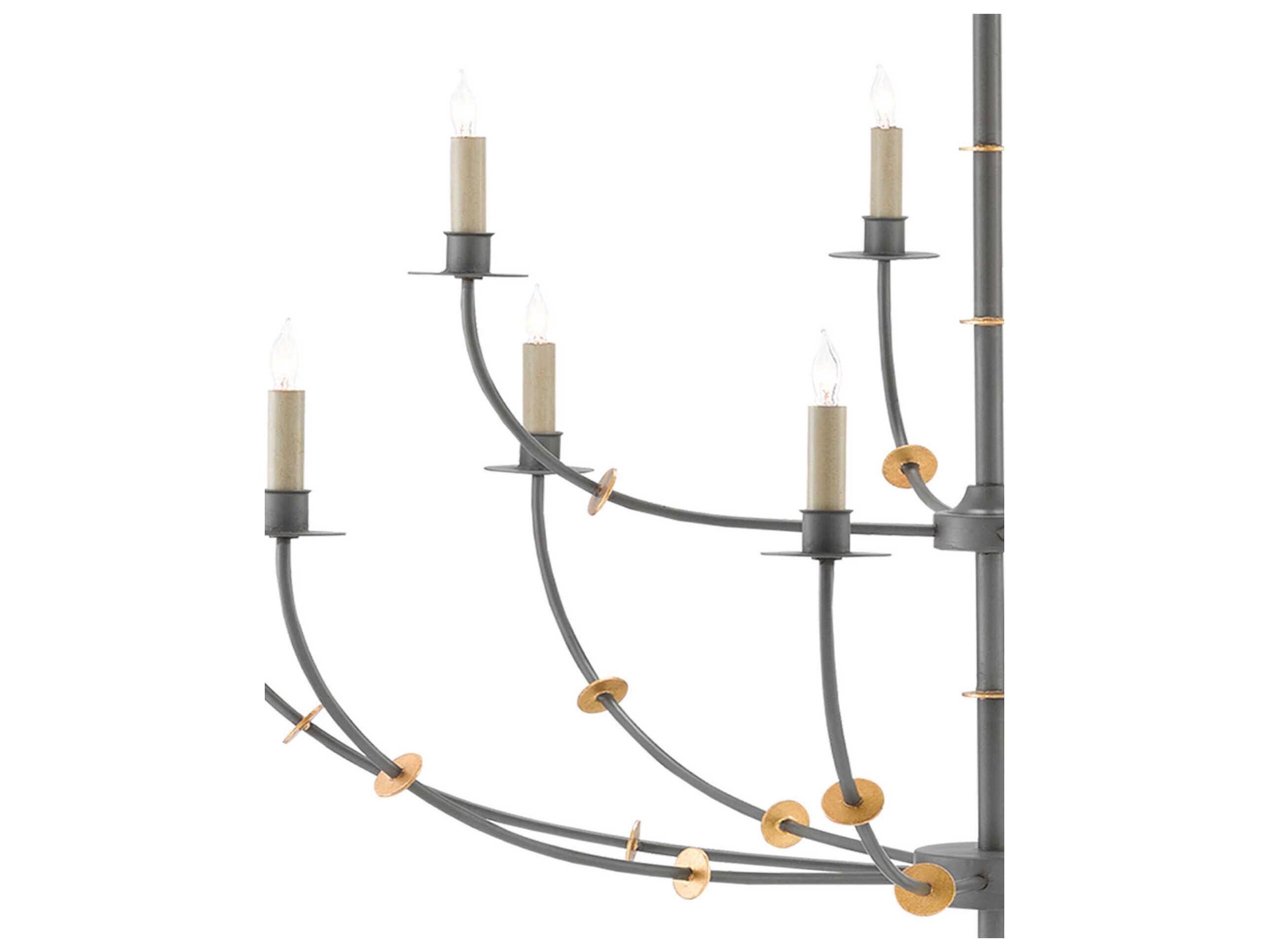 Currey & Company Balladier 12-Light Hiroshi Gray Contemporary Gold Leaf Tiered Chandelier
