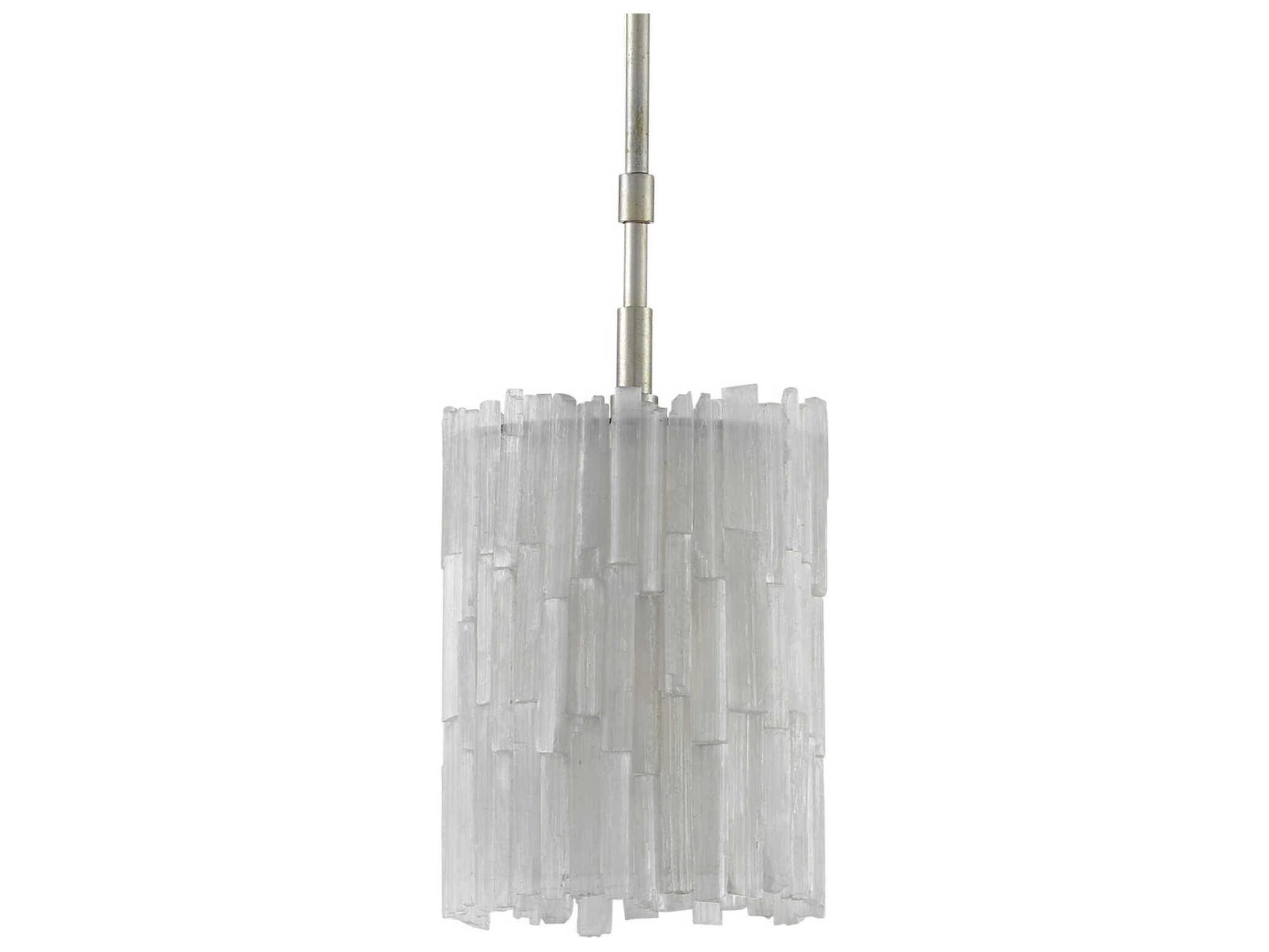 Currey & Company Moonstone 1-Light Natural Chinois Silver Leaf White Glass Cylinder Mini Pendant