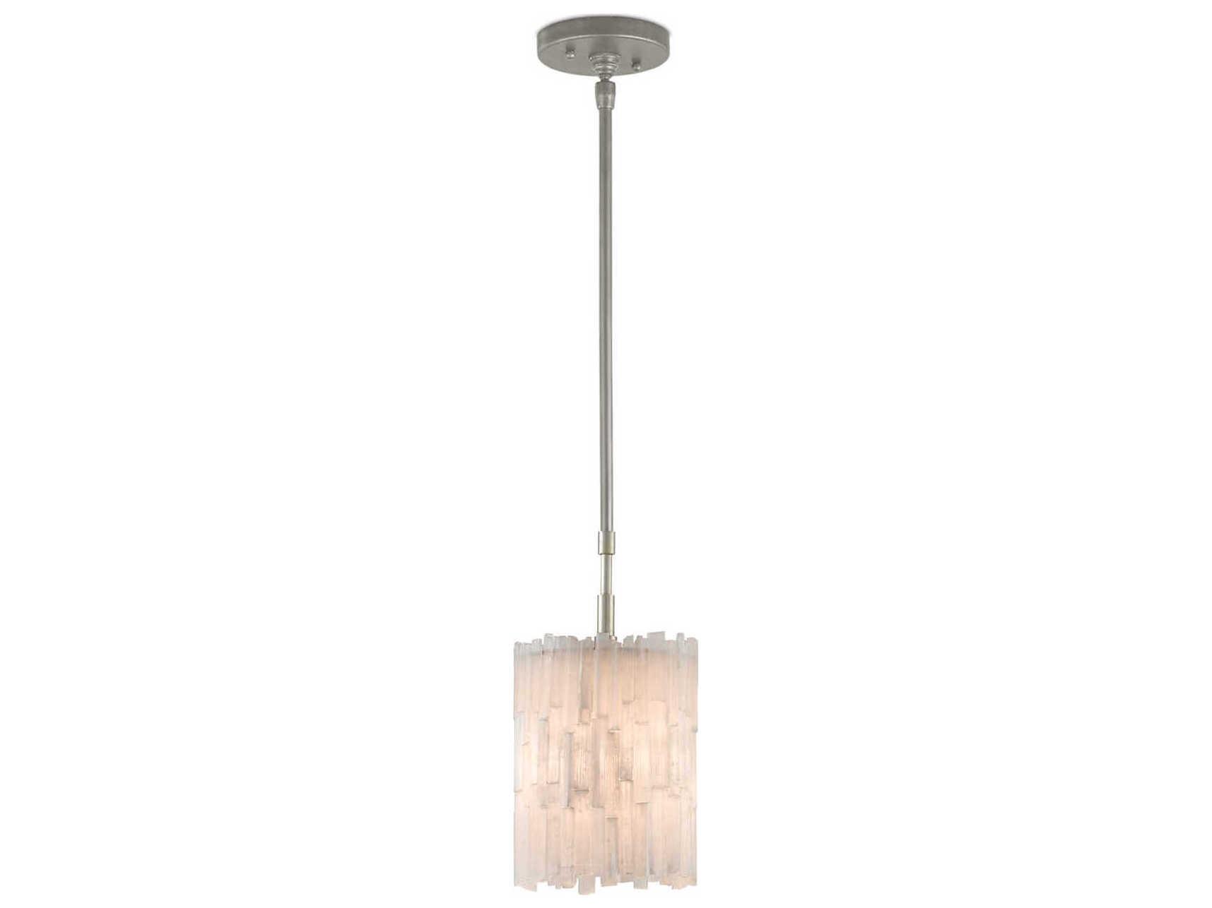 Currey & Company Moonstone 1-Light Natural Chinois Silver Leaf White Glass Cylinder Mini Pendant