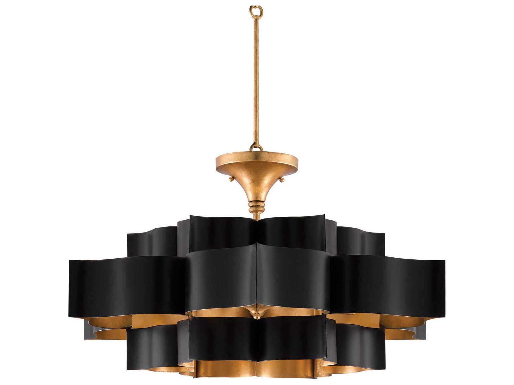 Currey & Company Grand Lotus 6-Light Satin Black Contemporary Gold Leaf Pendant