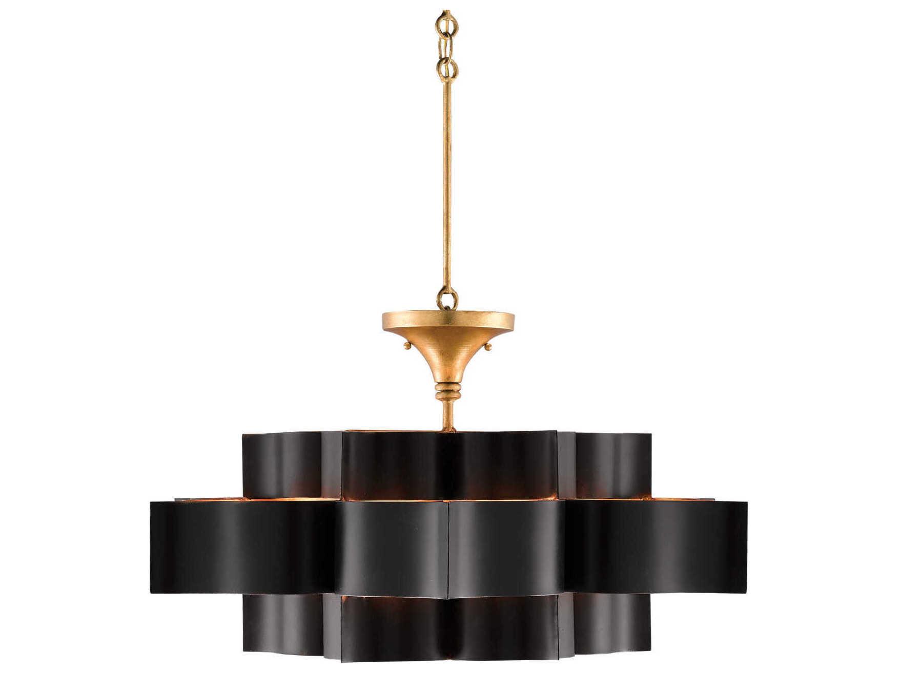 Currey & Company Grand Lotus 6-Light Satin Black Contemporary Gold Leaf Pendant