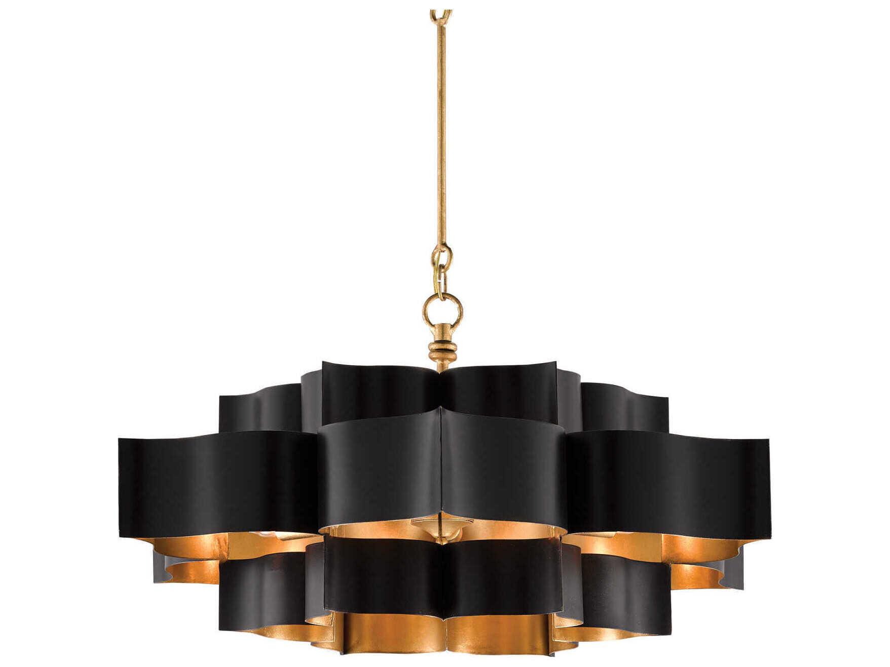 Currey & Company Grand Lotus 6-Light Satin Black Contemporary Gold Leaf Pendant
