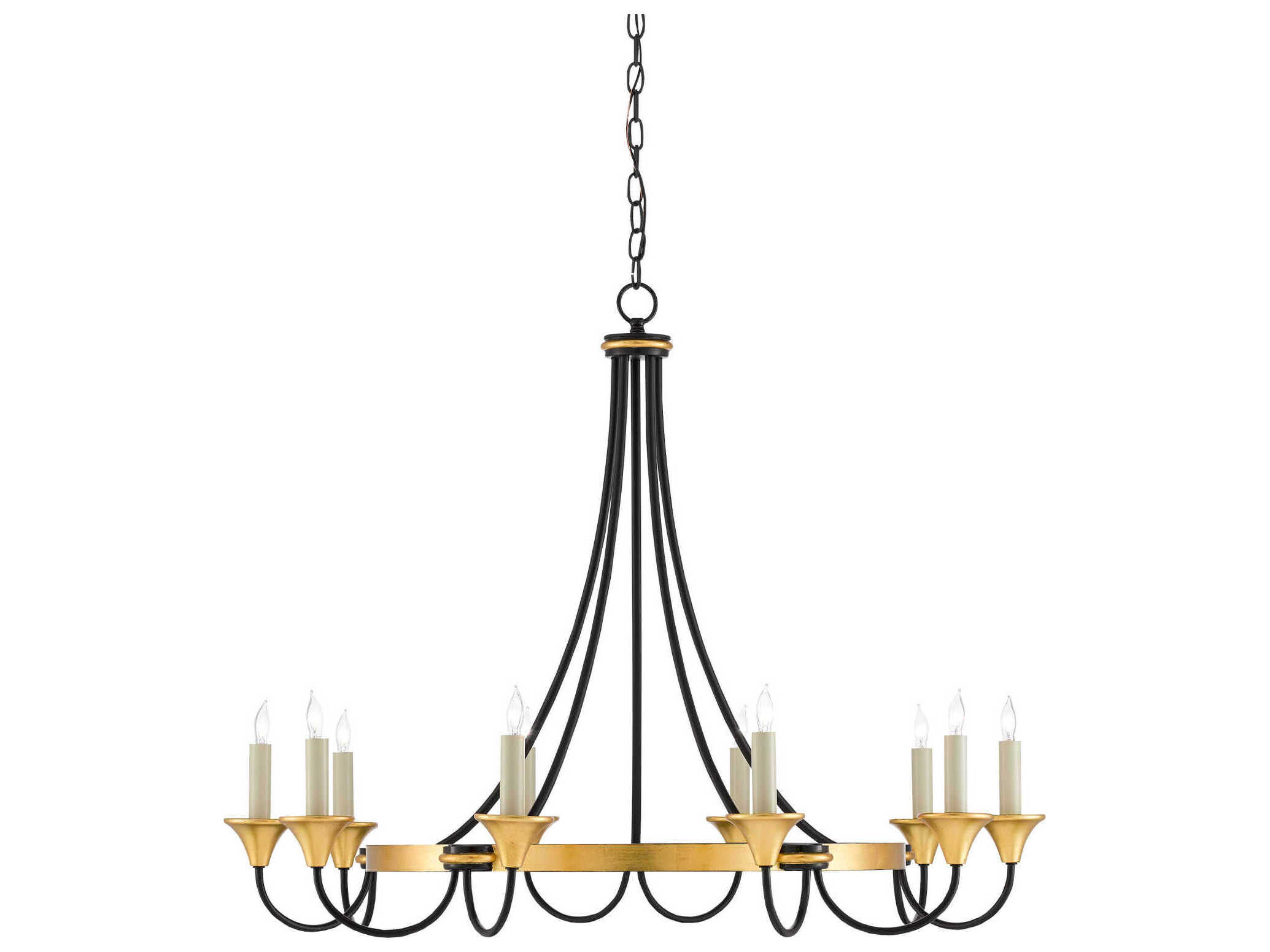 Currey & Company Hanlon 10-Light Washed Black Contemporary Gold Leaf Candelabra Round Chandelier